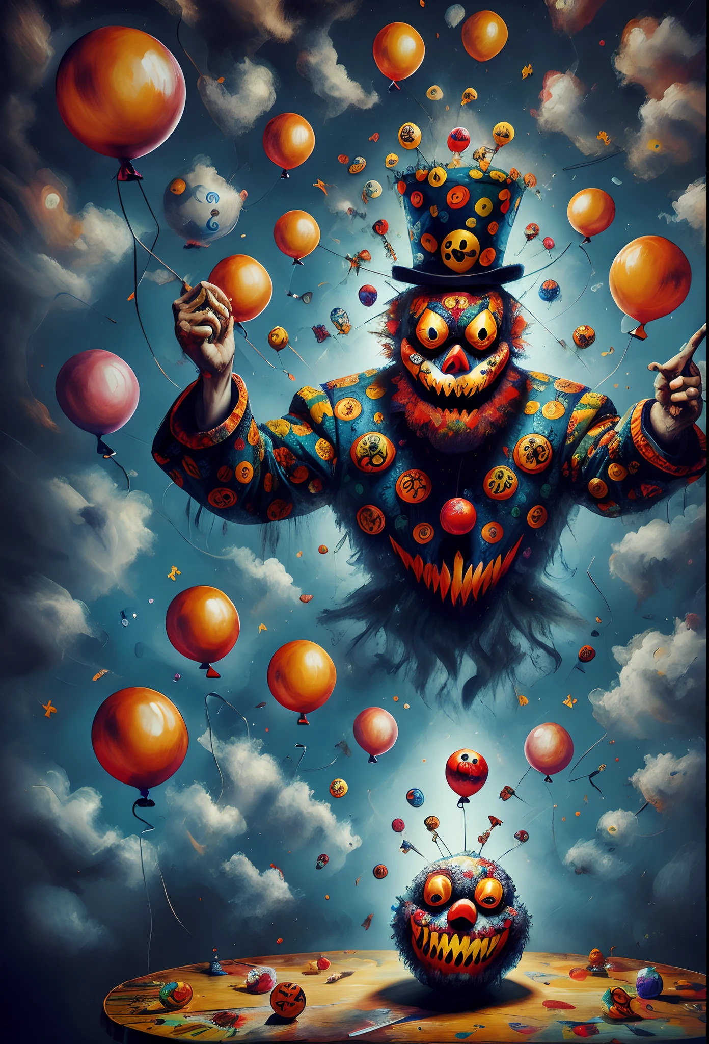 a painting of a clown clown sitting on a table with balloons, scary detailed art in color, lowbrow surrealistic, cutecore clowncore, skull clown inside a circus, murderous carnival freak, lowbrow art style, lowbrow art, scary art in color, scary clown, lowbrow pop surrealism, skull clown, dead clown, alex pardee, horror illustration