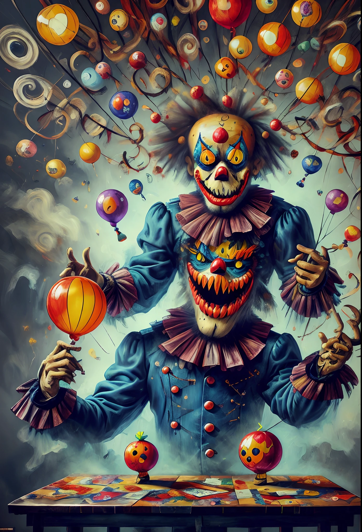 a painting of a clown clown sitting on a table with balloons, scary detailed art in color, lowbrow surrealistic, cutecore clowncore, skull clown inside a circus, murderous carnival freak, lowbrow art style, lowbrow art, scary art in color, scary clown, lowbrow pop surrealism, skull clown, dead clown, alex pardee, horror illustration