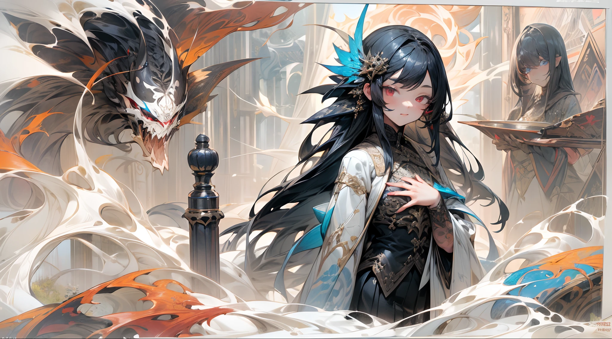 (Masterpiece, Best quality), 1girll, Solo, (pupils:1.15), 《with short black hair》, Long hair,Braided，White shiny bangs，Brown comb，Shiny hair， 《Bleak white complexion》，（Red fluorescent pattern）, curtain, Student clothes，black short skirt, Black tights，aurora, (Sunshine,, River, forest，UHR), (luminous red eyes), ((Blue eyes blue))，(((A handsome young))),  Very long hair ((Ink pattern:1.5)),Cross ed leg, highly intricate detail, Realistic light, Smile，Hyper-detailed intricate details，unreal-engine，fanciful，Complicated details，splash image，complementary colours，fantasy concept art，8K分辨率，A masterpiece of deviantart，Red deciduous leaves，Ink Phantom，bazaars，fansty world，background inside dark，Clean design，Epic Instagram，art  stations，Colorful paint splashes，contours，，(chest muscle) --au