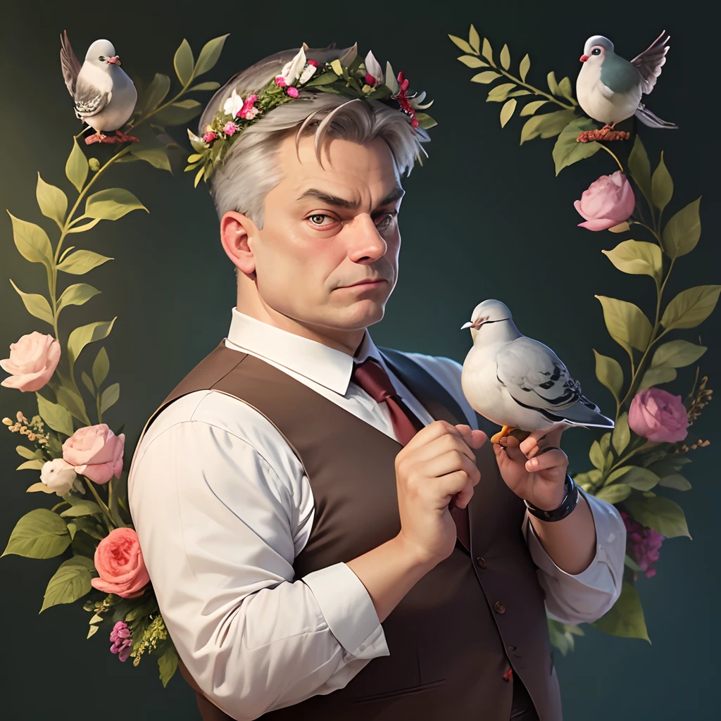Viktor Orbán as a fat pigeon holding a peace sign and a laurel wreath