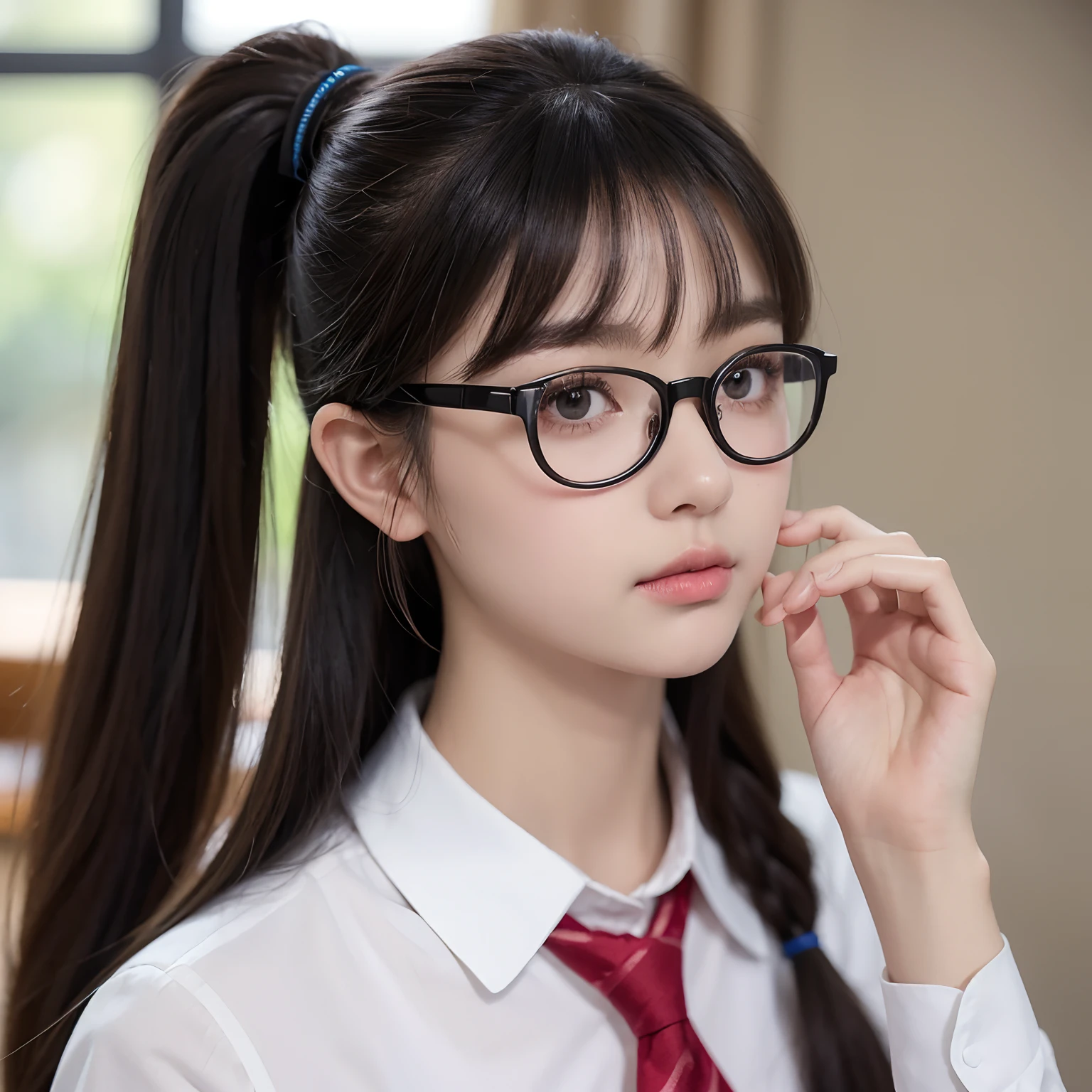(Best quality,Ultra-detailed,Realistic:1.37),long and flowing hair,High ponytail,Beautiful detailed eyes,Black round frame glasses,adolable,face round,,校服,figure eight bangs,gentleness