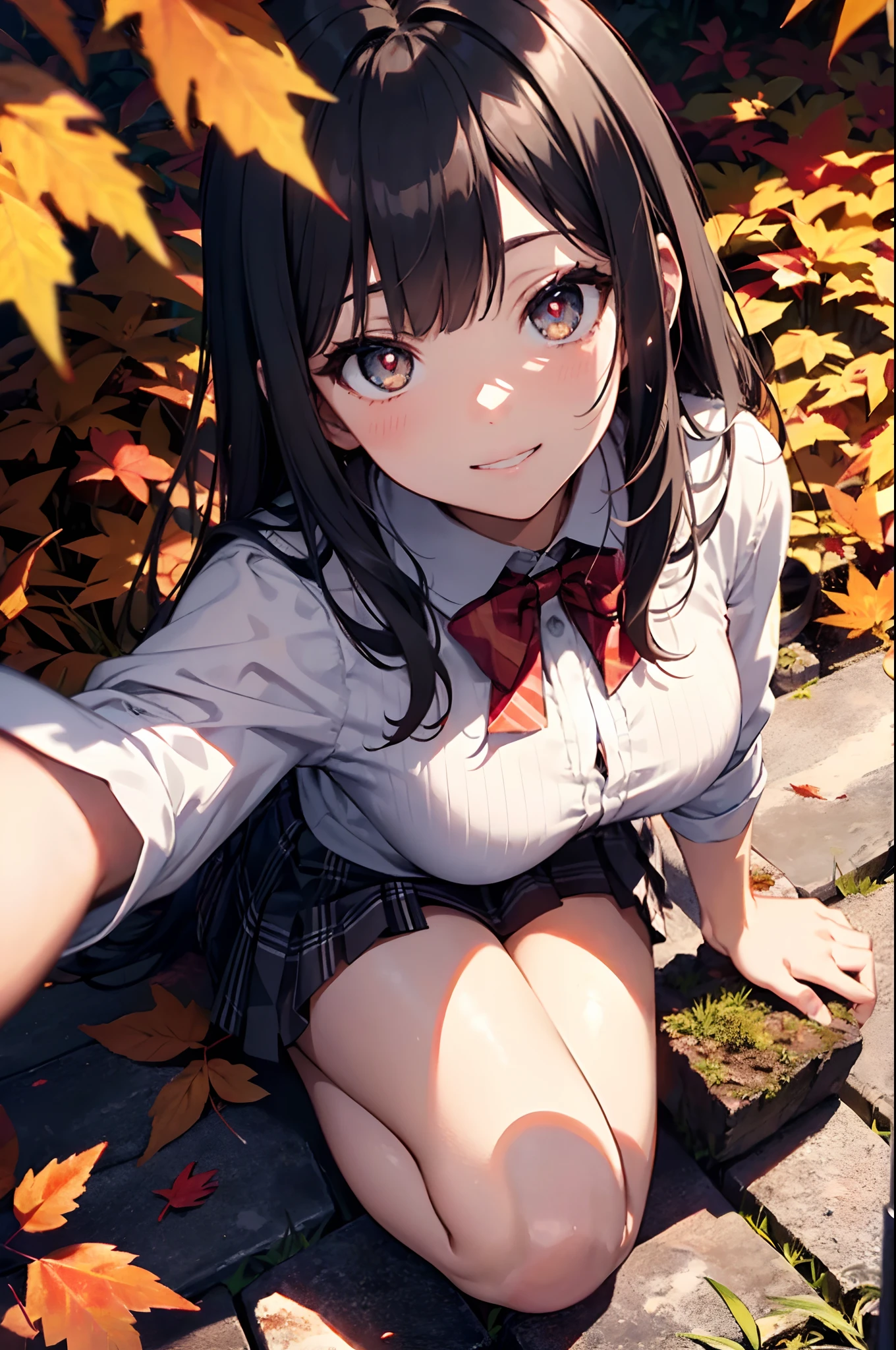 Official art、Best Quality、Unity 8k Wallpapers、32K、​masterpiece、ultra-detailliert、超A high resolution、realisitic、Photorealsitic、(Cinematic lighting:1.2)、Fireglow effect、film grains、Best Shadows、Rim lighting、side lights、Ultra-detailed and complex 3D rendering、Sharp pupils、Realistic pupils、cowboy  shot, Highly detailed background、beauitful face、blurry backround、a beauty girl、(super detailed skin、detailed skin textures:1.3)、Close-up of a statue in a field of red leaves, covered with fallen leaves, Red leaves on the ground, Autumn garden, Beautiful Autumn Spirits, covered with leaves, aomori japan, Cute, in autumn, red leaves, in japanese garden, in autumn, during autumn, autum, traditional japanese colors, japan nature、(From  above、Lie down:1.3)、(outside of house、thighs thighs thighs thighs)、blazers、The shirt、Plaid bow tie、Plaid pleated mini skirt、15 year old beautiful girl、Beautiful black hair、Blunt bangs、eyes are brown、Embarrassing、looking happy smile、