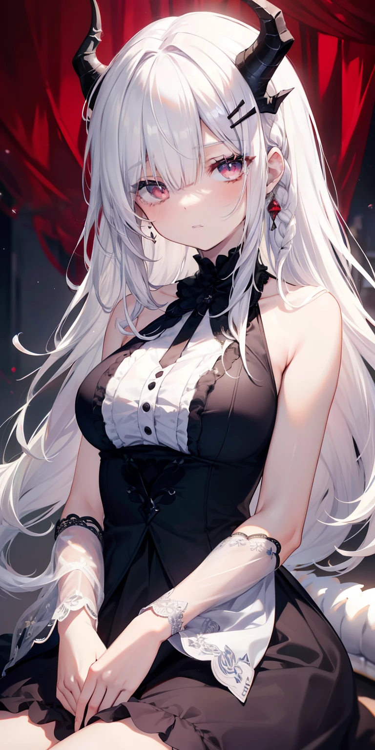 (limited palette), Best quality, (((Masterpiece))), (((Beautiful detailed hair))), (((beautiful detailed skin))), Solo, Little girl, Younger, Loli, (((White hair))), Black silk eyes, (mascara), Blunt bangs, ((Hair over eyes)), Long hair, Medium breasts, Frilled white dress, White frills, Too much decoration, Rose, Noble, setia, The bride's hair, (((Eye focus))), (((Expressionless))), The background is blurred out, Empty eyes, Blank eyes, (Red theme), bedroom background, view the viewer, (((hair tucking))), (((Night))), Semi-closed Eyes, Close-up, (((hair adornments))), Upright body, Neatly cut bangs, There is braid hair on the back of the head, Sleeveless dress,The tail of a larger dragon，Dragon's horns，