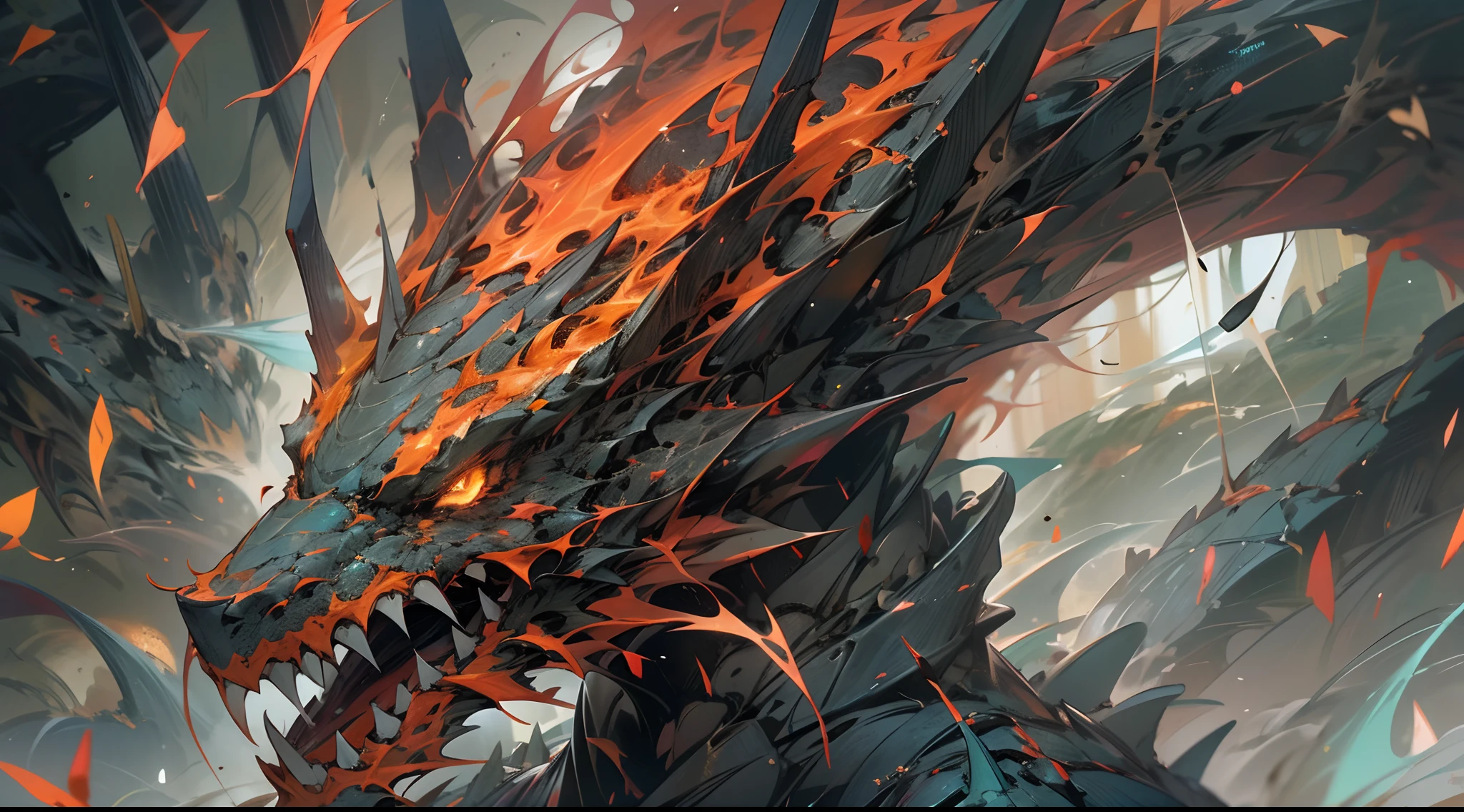 (Masterpiece, Best quality), (The pupils burn like flames), (Hideous and vivid details of the monster's face,Vivid details of the monster's face,Extremely detailed depiction of the monster's face:1.1), Mechanized Dragon，Surrounded by thick fog,，8K分辨率，A masterpiece of deviantart，Red deciduous leaves，Ink Phantom， Powerful energy flow effect, Splash splinter and spark effects，Mechanically constructed dragons，Huge broken weapons，Roaring dragon，Glowing scales，Erupting steam，Black smoke，White scales，Cyan eyes