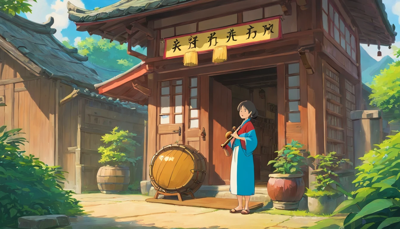 A Zhuang aunt stands in front of a wooden house and plays a traditional musical instrument