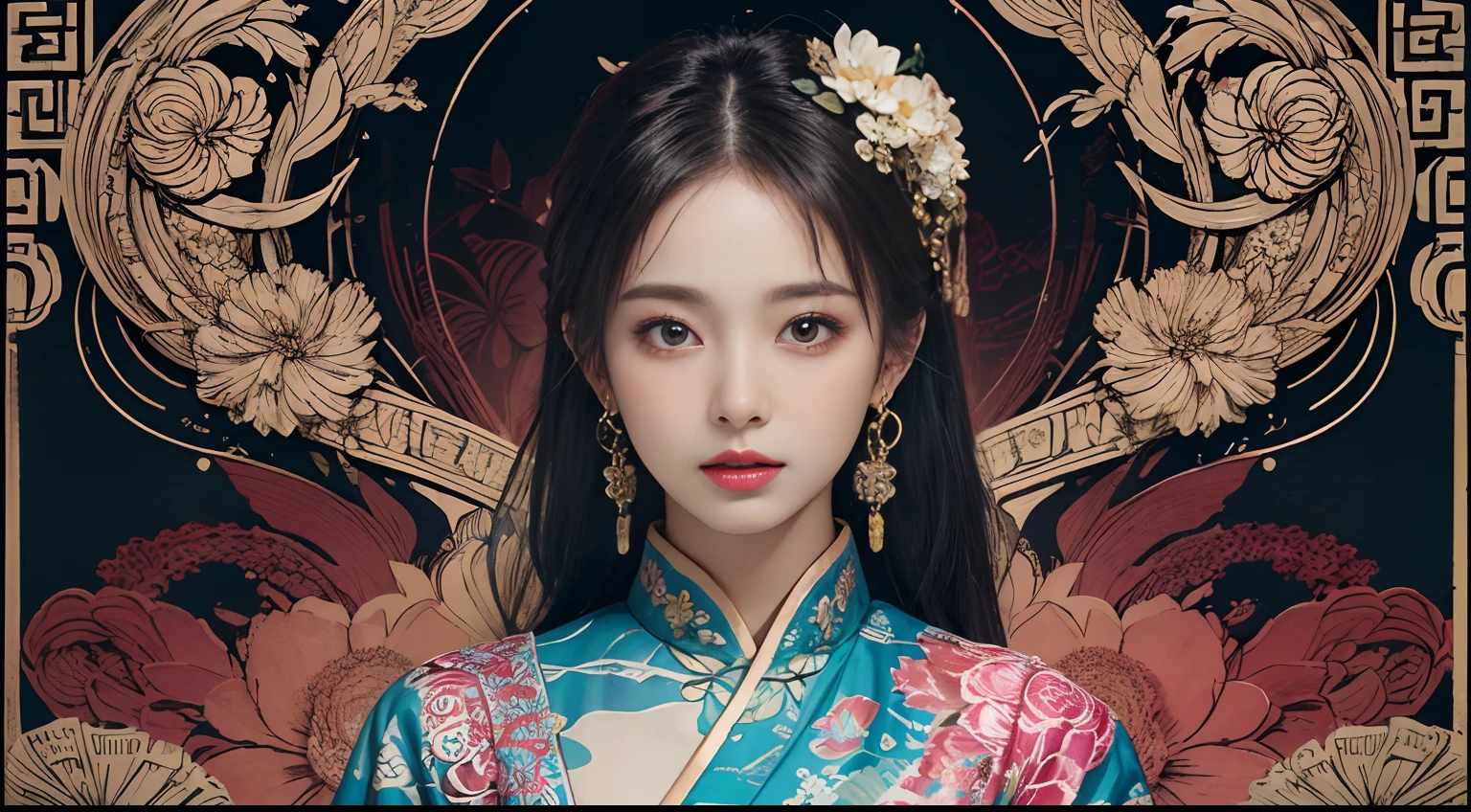 (((masterpiece))), ((the best quality, super fine illustrations, beautiful and delicate water)),Depth of field, fine 8KCG wallpapers, ( delicate light), ((cinematic lighting)),(portrait),Portrait lens,(((Alphonse Mucha))),((Fantasy style)),((shine)),(((Tarot card)))(young girl),(((China_Cheongsam))),(delicate eyelash),((cute anime face)),(extremely delicate and beautiful),(hair_flower),(Gem),(crystal),((colored inner long hair)),(multicolored),(beautiful detailed face ),((( detailed long hair ))),floating long hair,gradient hair,(lace),(ribbon),((crown)),(detailed cloth)((Butterfly)),(detailed Butterfly) ,(multicolored Butterfly),(neon palette),((detailed flowers)) ,((multicolored flowers)),(flowers_Surrounded),(Butterfly_Surrounded)(((Flowers fill the screen))),((Fill the screen)), <lora:sw:0.7>
