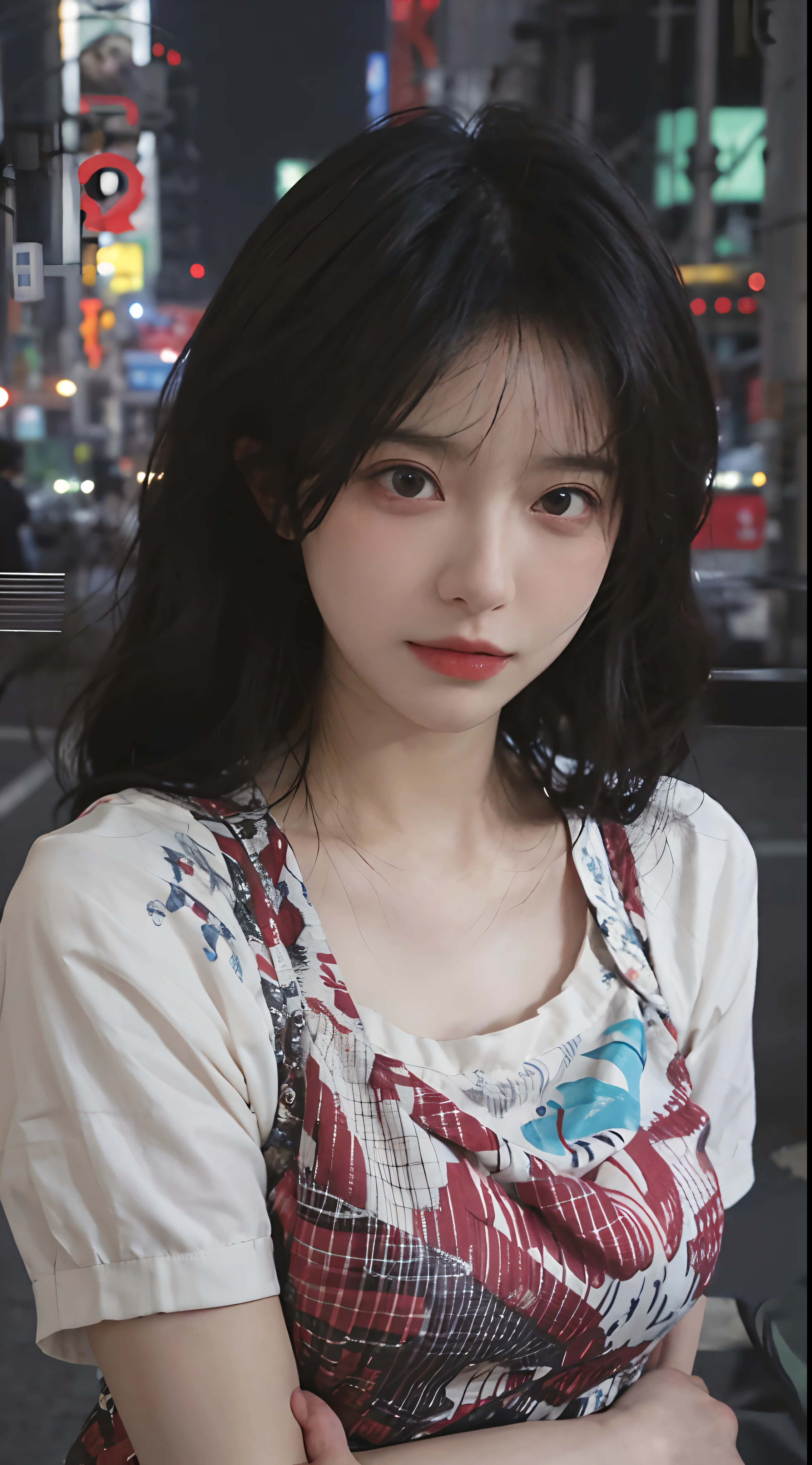 best qualtiy, 超高分辨率, (realisticlying:1.4),2 girls,(natta),(looking at viewert:1.331),(whaite hair),posing on a,Tokyo Street,nightcityscape,Cyberpunk-city,the soft light,1girll,Extremely beautiful face,chest circumference,putdownhands,random hair style,Random expressions,largeeyes,Alvine,(short- sleeved。JK_shirt), JK_Style, (Red jk erotic dress), (JK binding), blend, best qualtiy