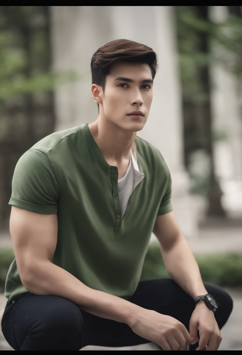 Male dark brown hair eye color: Green, fair-skinned, height 178 cm。face: Heart-shaped eye shape: Almond-shaped eyebrows: straightened,Well-defined nose: Straight and narrow, The mouth is medium in size, Lips plump neck: The average length is short haircut,Neat hair, A slightly wavy figure:being thin,Athletic body proportions: Balance leg length: It is directly proportional to the height of the garment: Dark blue T-shirt, Black jeans, White sneaker accessory: silver watch