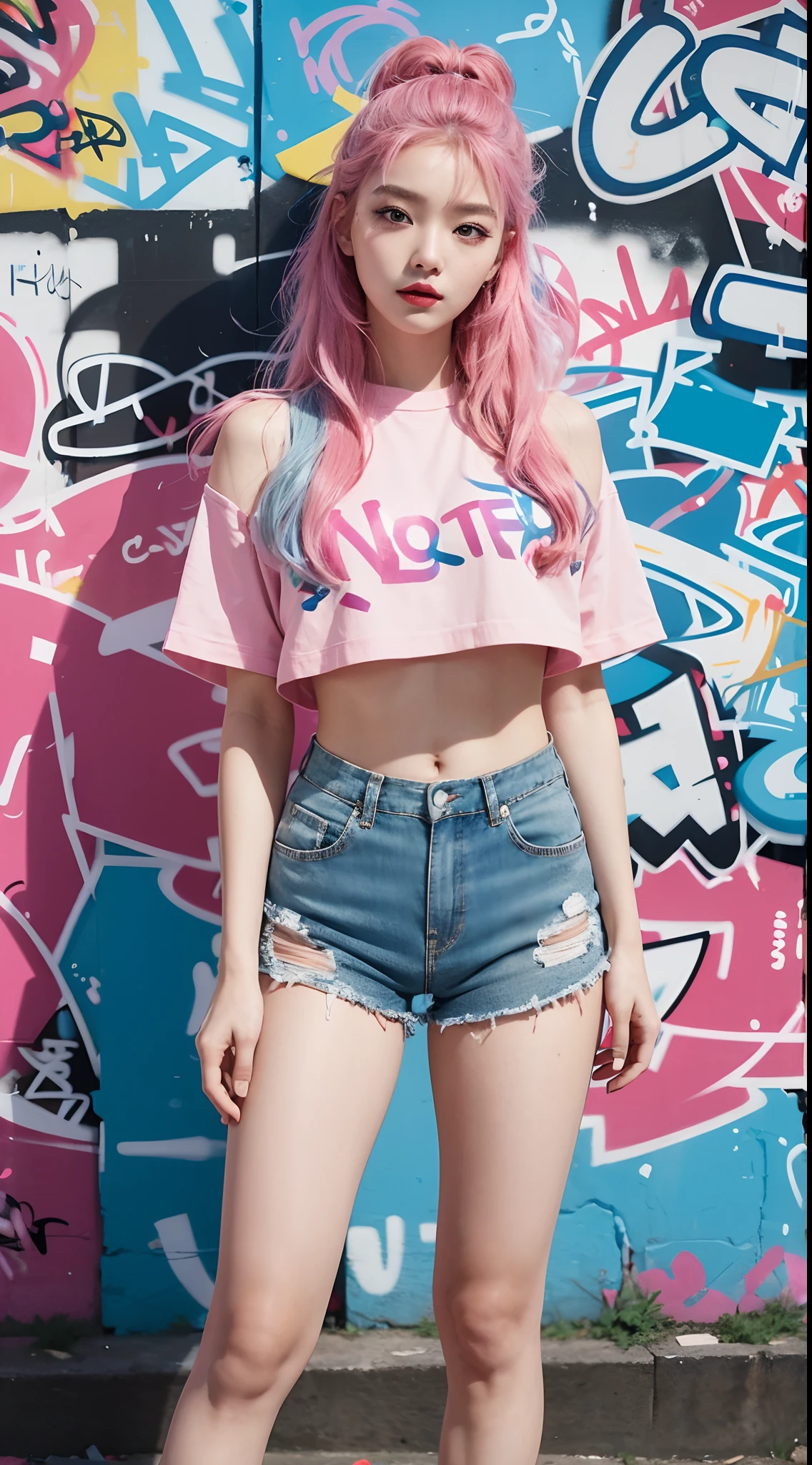 best quality, Clarity, 4k, 8k, detail, actual, Beautiful Girl, Korean makeup, Red lips, pink and blue hair, Perfect body, thigh, stand, pose standing, Pose dynamically for photos, medium chest, Graffiti crop top, pink and blue shorts, Solid graffiti wall background, Graffiti art,