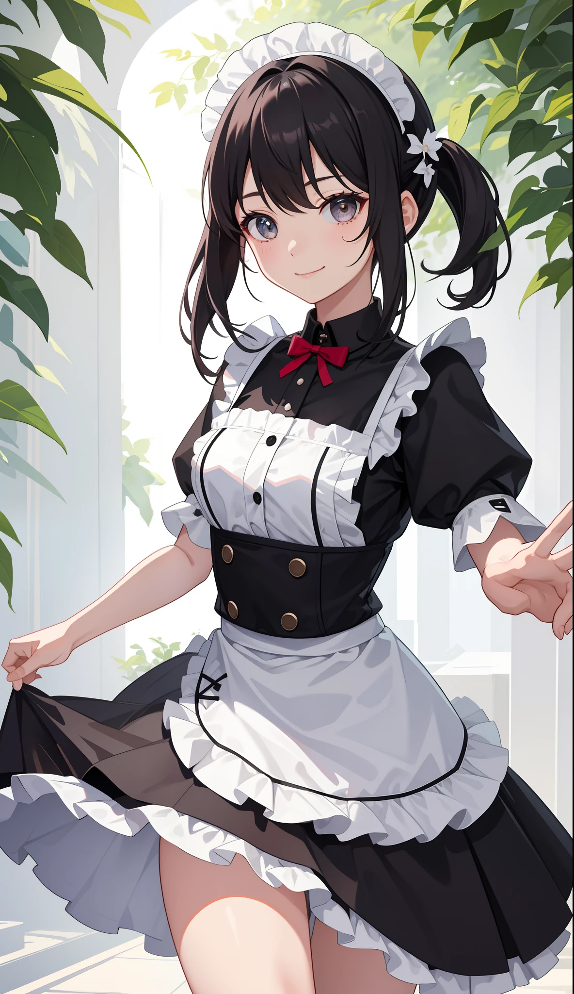 1girl in、AS-Adult、A smile、The shirt、skirt by the、(small tits)、doress、pinafore、Hair decoration、(Maid costume)、Walking with a thigh、Upper body portrait、movement、