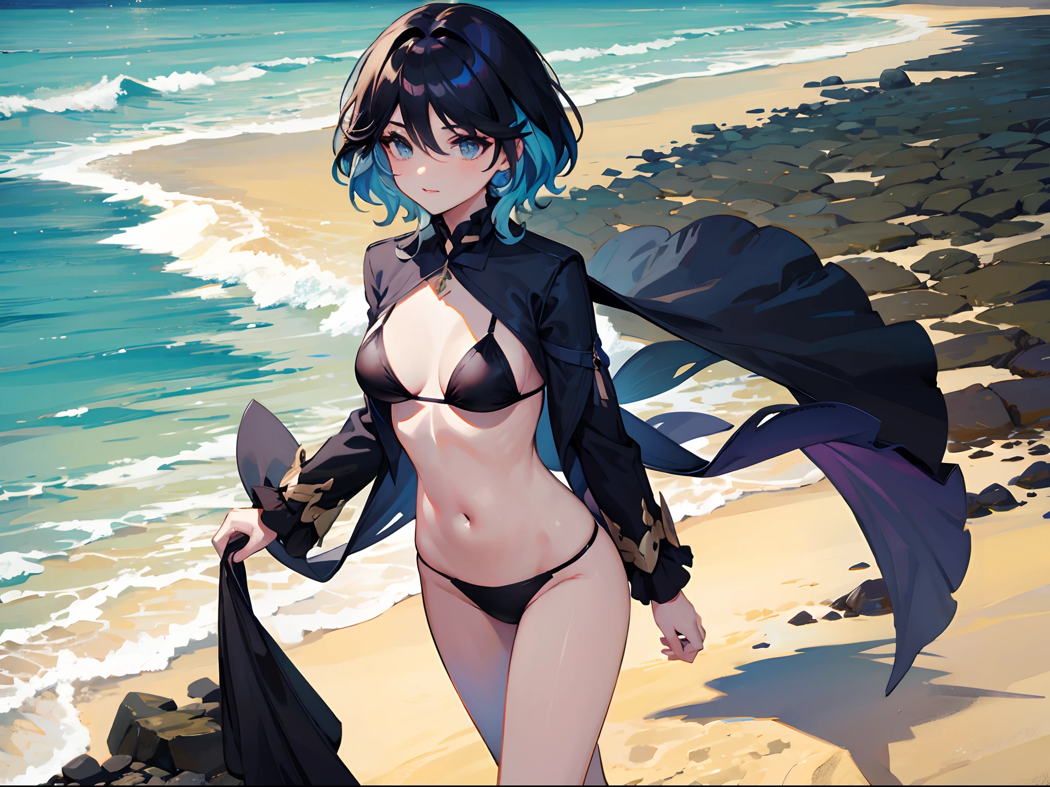 Walk on the beach in a black bikini