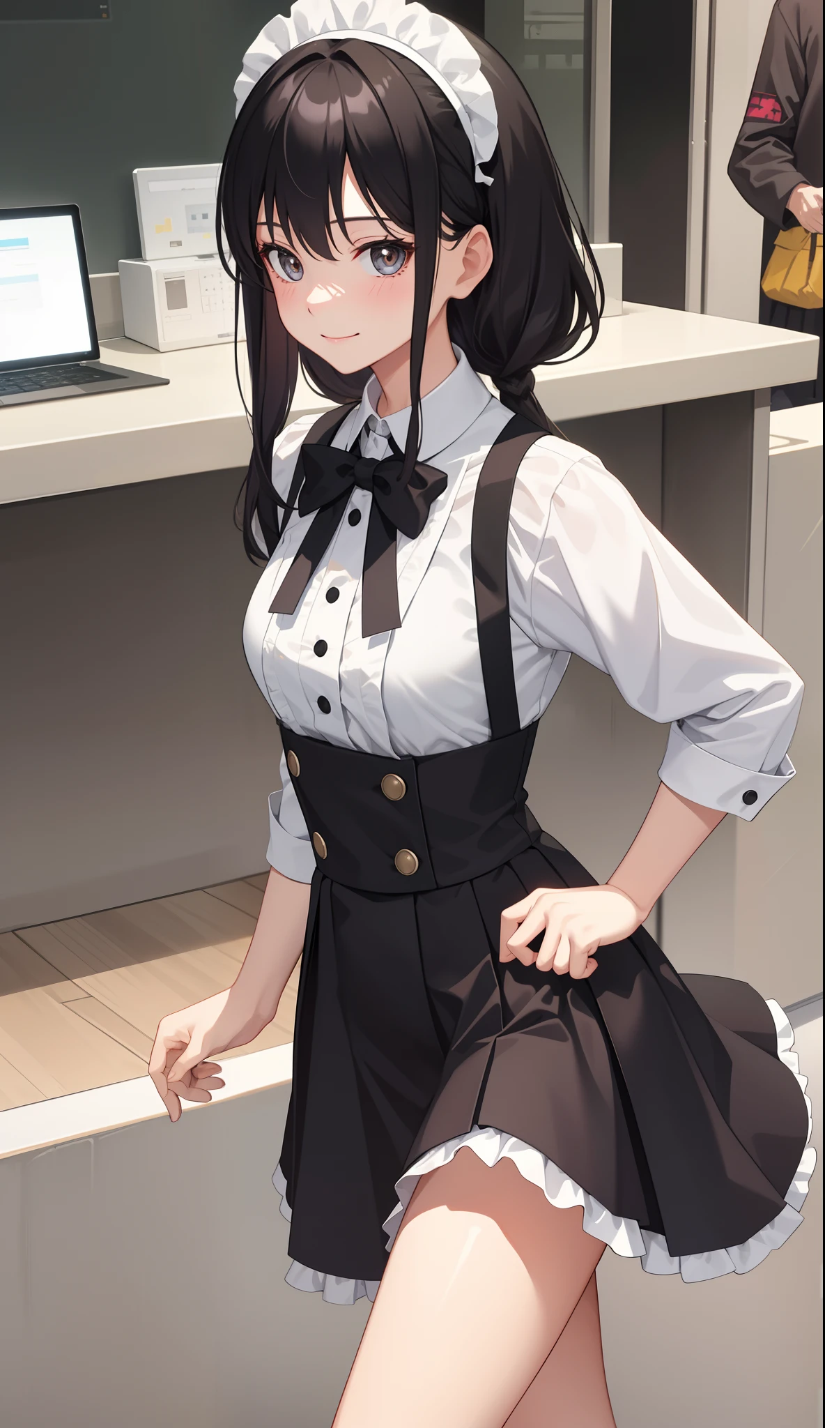 1girl in、AS-Adult、A smile、The shirt、skirt by the、(small tits)、doress、pinafore、Hair decoration、(Maid costume)、Walking with a thigh、Upper body portrait、movement、