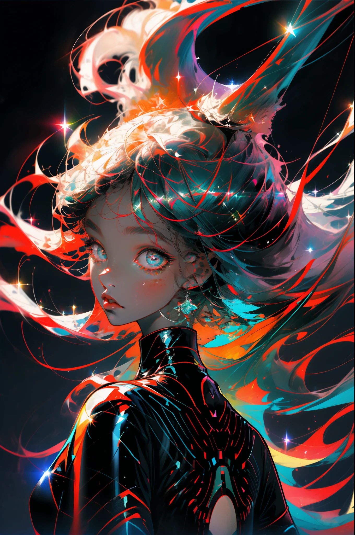 masterpiece、top-quality、超A high resolution、Fluorescent color、Cool Men、beautiful countenance、beautidful eyes、(off shoulders:1.2)、turn your head up、There is a space sky、On the water、on grass、shinny hair、shinny skin、Shine Cut、Chibi、Finger Scale Coordination、black starlight dress、Particle