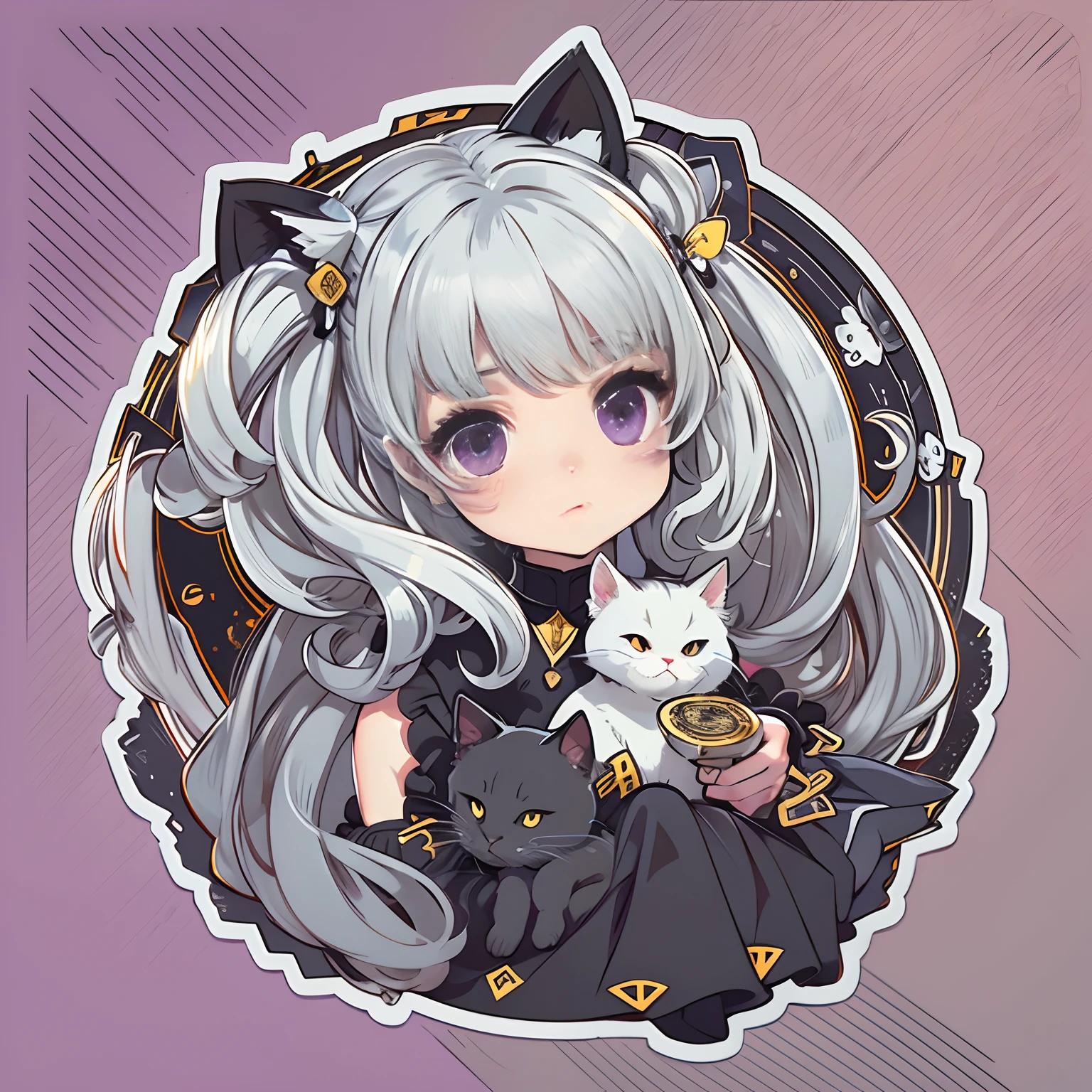 a sticker, Cute anime girl head, Silvery white hair with long twin tails,Reddish-purple eyes，pouty，Black Dress，Black Princess Dresses，There is only one black cat，In a circle, White background, Gold-rimmed，It features a simple, ultra-detailliert, Detailed drawing, vectorized, silhuette, 8K, professional sticker design, Flat design, Vector lines, a sticker, Drawing, Drawing, Full-HD，Neon Tube Frame，Fluorescent Tubes，Transparency