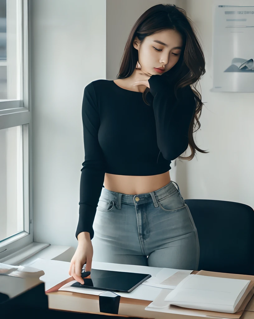 Cinematic Photo of a beautiful korean fashion model, 20 years old, perfect body, perfect skin, loose long hair, micro curls, pretty legs, tight jeans, black crop top, knit long sleeve, good posture, working in office, looking at laptop, tied hair, coffee on desk,