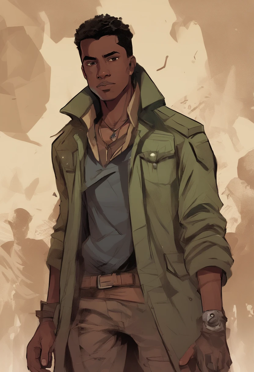 Thiago, Mixed-race man, dark skin, black eyes, short hair, dark hair, light clothes, Cheerful Expression Neutral Background, Professional studio lighting, vivid colors, wears an army-green coat with ripped-off sleeves over a tattered black shirt with spiderweb-like motif running along it. He also wears a brown belt with a large silver buckle, brown fingerless gloves, brown boots, and beige cargo pants. He also wear a round pendant around his neck.