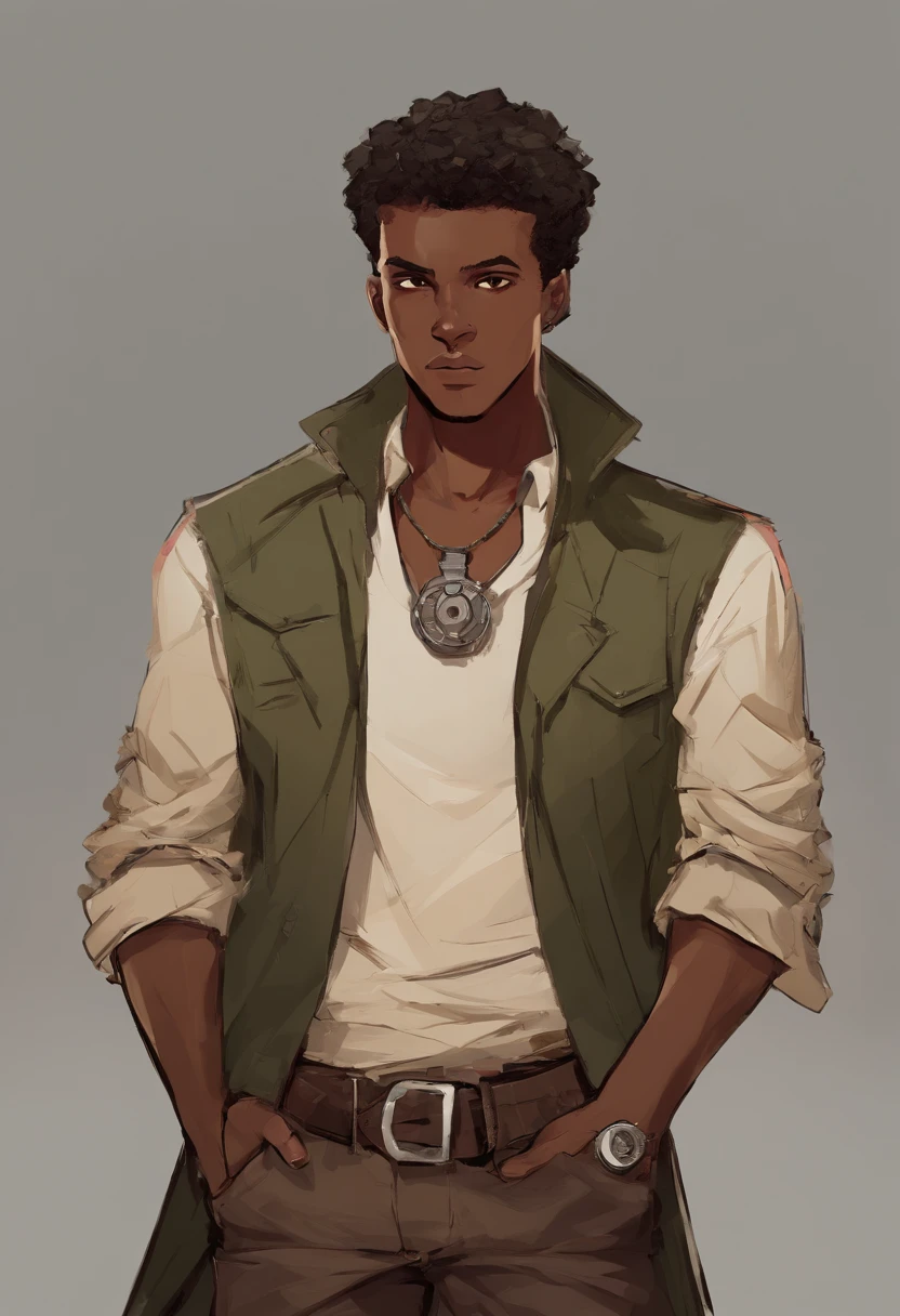 Thiago, Mixed-race man, dark skin, black eyes, short hair, dark hair, light clothes, Cheerful Expression Neutral Background, Professional studio lighting, vivid colors, wears an army-green coat with ripped-off sleeves over a tattered black shirt with spiderweb-like motif running along it. He also wears a brown belt with a large silver buckle, brown fingerless gloves, brown boots, and beige cargo pants. He also wear a round pendant around his neck.