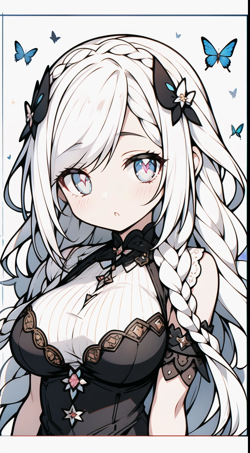 1girll, full bodyesbian, Wearing a black gown revealing a white shirt underneath,Lace, Foggy,white color hair, Long hair with double braids,bangs detached, Bright eyes with black silk, Big eyes as perfect as diamonds, Cute, Character design, Detailed, anime big breast, Official, flower pattern, Pink details with glitter and brushes, clip studio paint, csp, flatchest,There are many white butterflies around