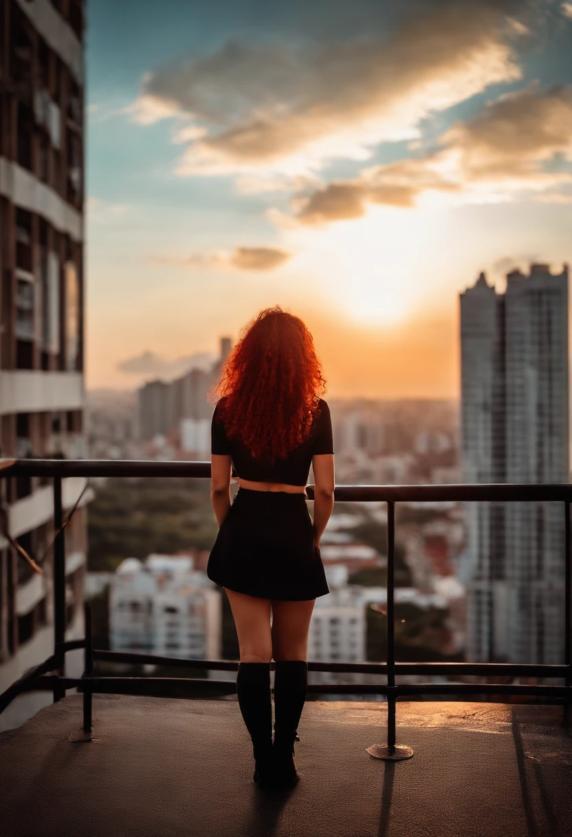((Best Illustration)) brazilian girl, Red hair, Juvenile body, Black top, Black tight skirt, blackboots, view over city, Building, skylines, Sunset, Silhouette of a cloud, Contemplative.