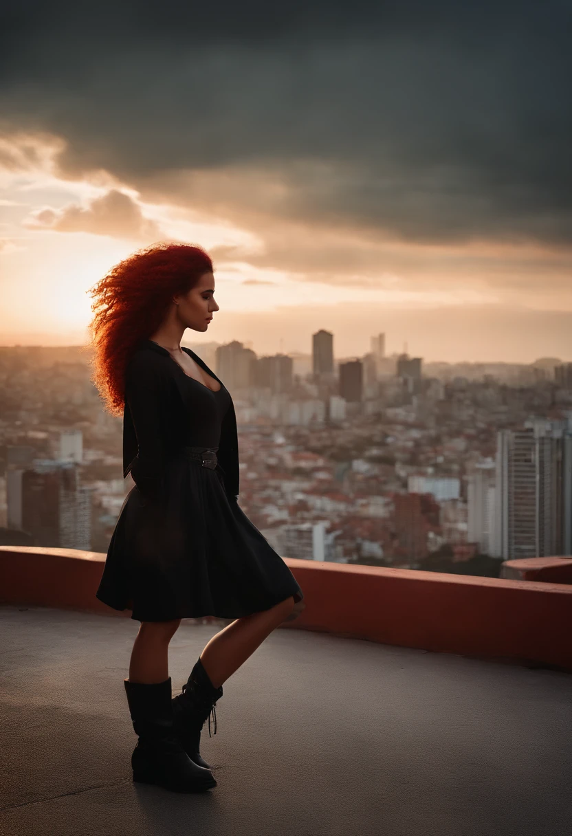 ((Best Illustration)) brazilian girl, Red hair, Juvenile body, Black top, Black tight skirt, blackboots, view over city, Building, skylines, Sunset, Silhouette of a cloud, Contemplative.