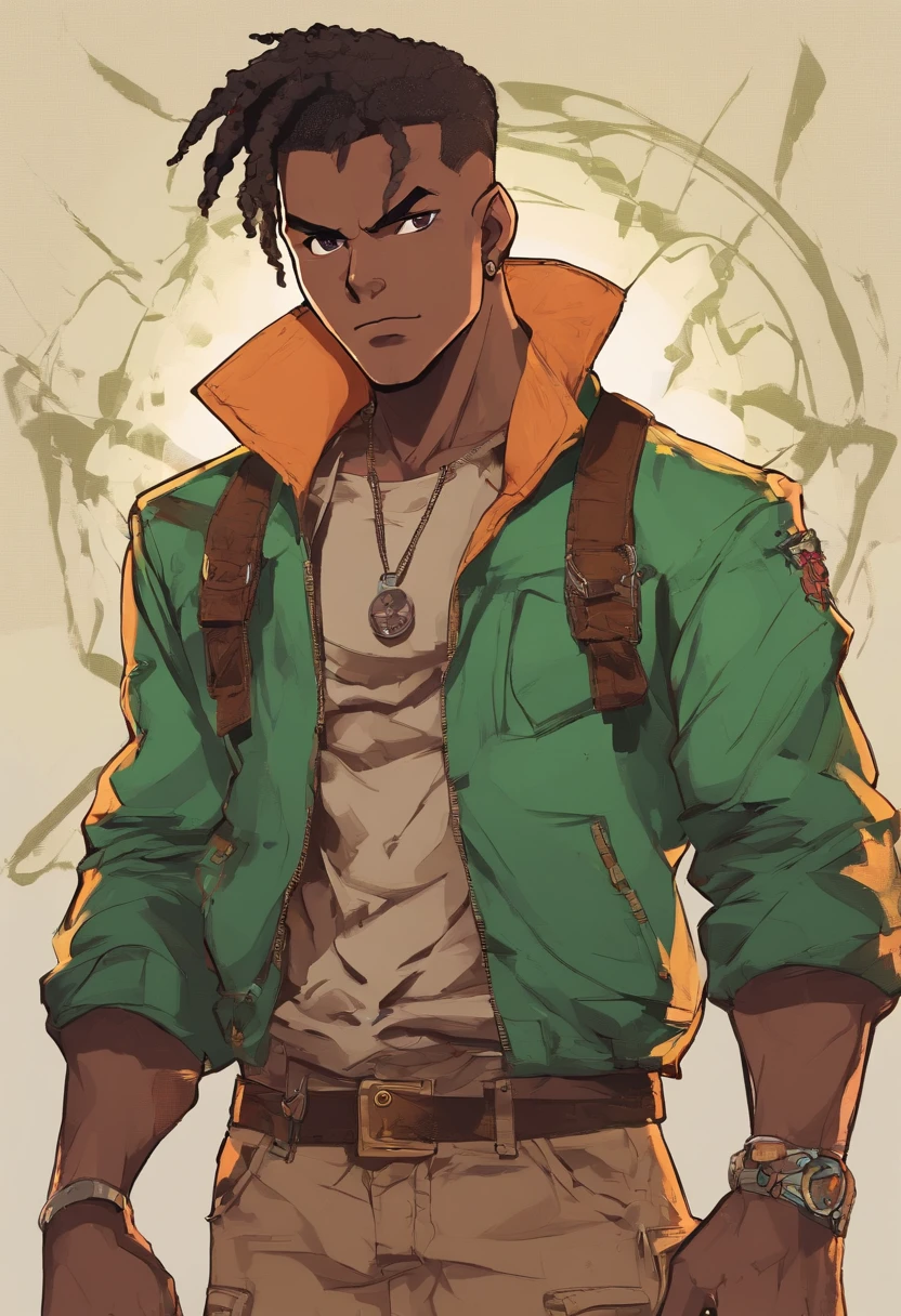 Thiago, Mixed-race man, dark skin, black eyes, short hair, dark hair, light clothes, Cheerful Expression Neutral Background, Professional studio lighting, vivid colors, wears an army-green coat with ripped-off sleeves over a tattered black shirt with  spiderweb-like motif running along it. He also wears a brown belt with a large silver buckle, brown fingerless gloves, brown boots, and beige cargo pants. He also wear a round pendant around his neck.