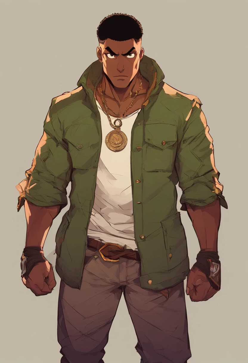 Thiago, Mixed-race man, dark skin, black eyes, short hair, dark hair, light clothes, Cheerful Expression Neutral Background, Professional studio lighting, vivid colors, wears an army-green coat with ripped-off sleeves over a tattered black shirt with spiderweb-like motif running along it. He also wears a brown belt with a large silver buckle, brown fingerless gloves, brown boots, and beige cargo pants. He also wear a round pendant around his neck.