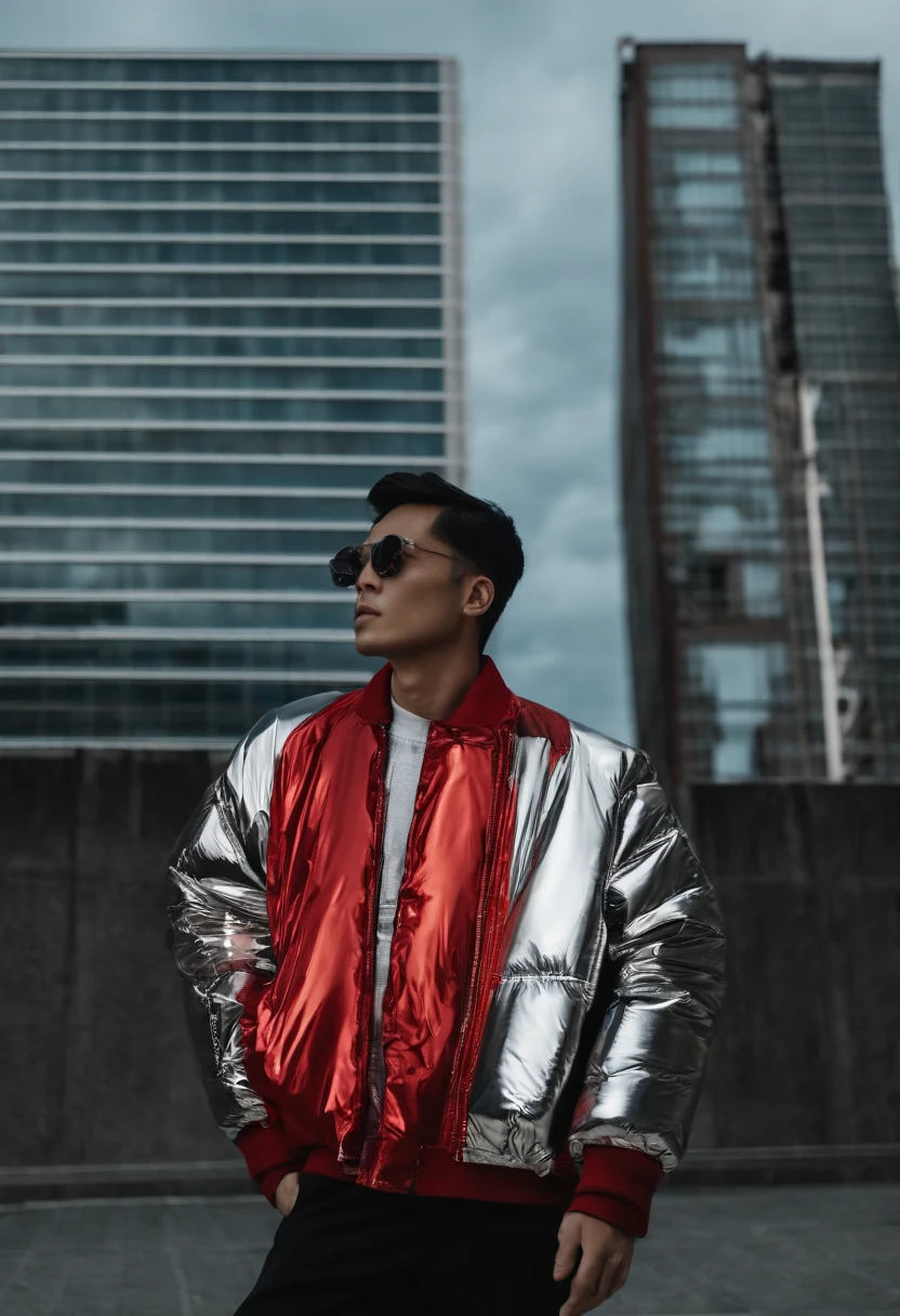 Hombre con una chaqueta roja de pie frente a un edificio, Foto de perfil, con una chaqueta bomber, metallic reflective, brillante brillante reflectante, muy reflexivo, Metal reflectante, metallic reflective, inspirado por Tadashi Nakayama, Altamente reflexivo, Brillante por la lluvia, Wonbin Lee, Futura chaqueta inflable, plata brillante, Vestir futurista, outlive streetwear collection, Traje de cromo