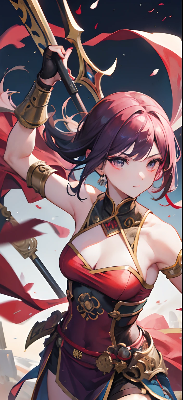 (Best quality), Detailed background, Oriental nobility,warrior girl,The art of fighting,holding halberd,their, Monster army