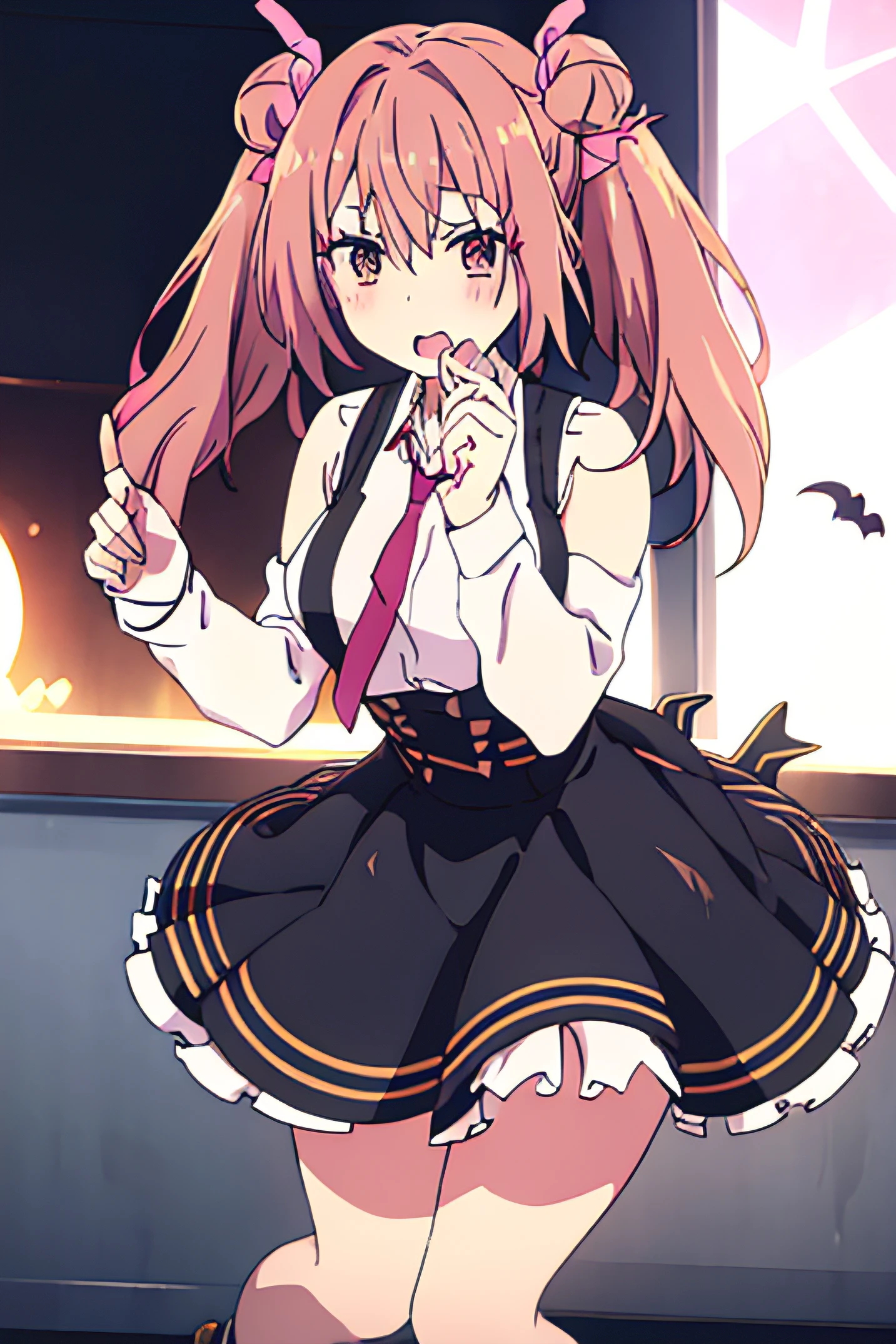 masterpiece, best quality,1girl, solo,akizuki noa,brown hair,two side up,brown eyes,pink hair ribbon,white_shirt,dress,necktie,black skirt, white legwear,standing, looking at viewer, white background, simple background, hands on own knees, solo,1girl,MDRHalloween,bare shoulders,streaked hair,grey hair, pink hair, heterochromia,blue eyes,pink eyes,double bun,eyeball earing,pointy ears,black dress,fishnets,horns,halloween,moon,street,web,wings,gloves,ribbon,screaming,scared, tearing up,ghost,running away