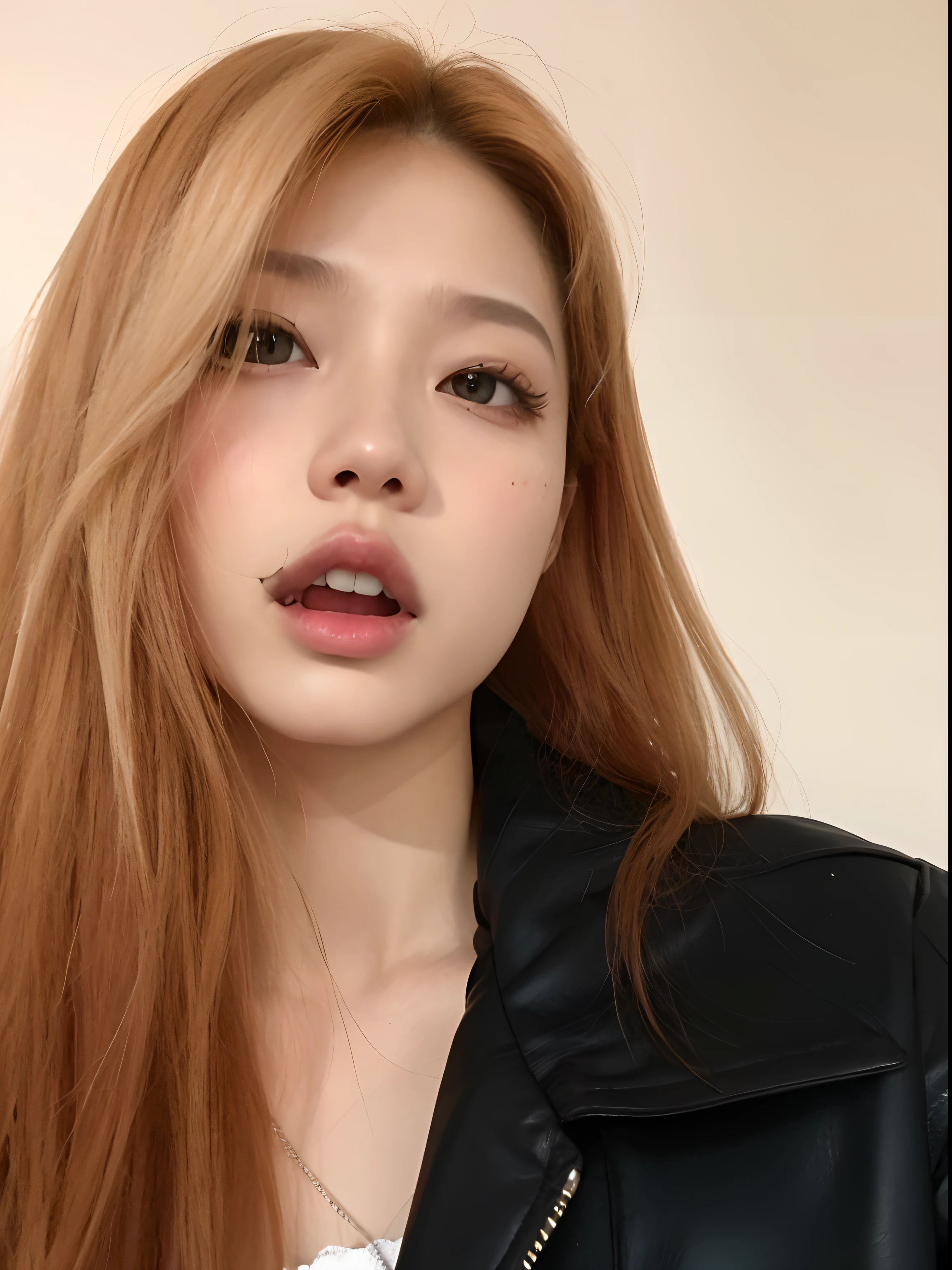 um close up de uma mulher com longos cabelos ruivos e uma jaqueta preta, Retrato de Jossi de Blackpink, jossi do blackpink, Parque Roseanne do Blackpink, jennie blackpink, menina coreana, with very thin lips, com rosto redondo, cruel korean goth girl, Lalisa Manoban do Blackpink, Jinyoung Canela, Lalisa Manobal, small lips pointy nose