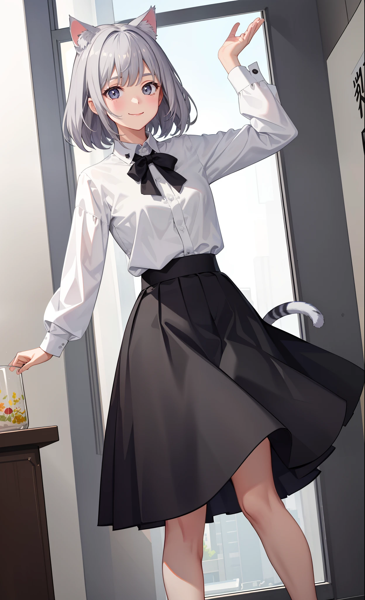 1girl in、A smile、The shirt、Blouse、skirt by the、(small tits)Chilarism、movement、(Gray hair)、Cat's ears、