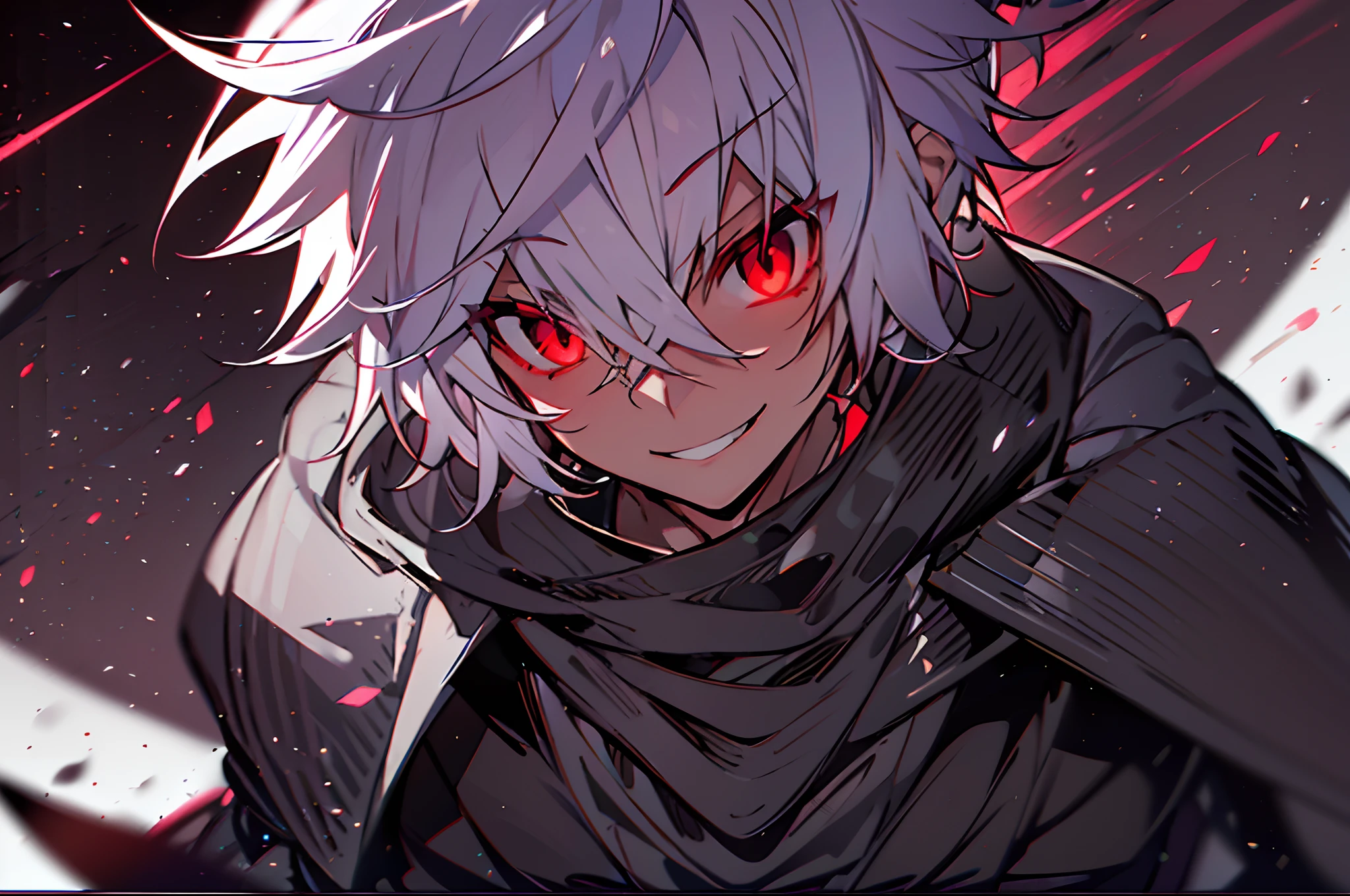 hight resolution,Anime boy with white hair and red eyes staring at camera, Glowing red eyes,slim, dressed in a black outfit,Shadow Body,Brown skin,monochromes,hair messy,Aggressive smile,Diagonal angle