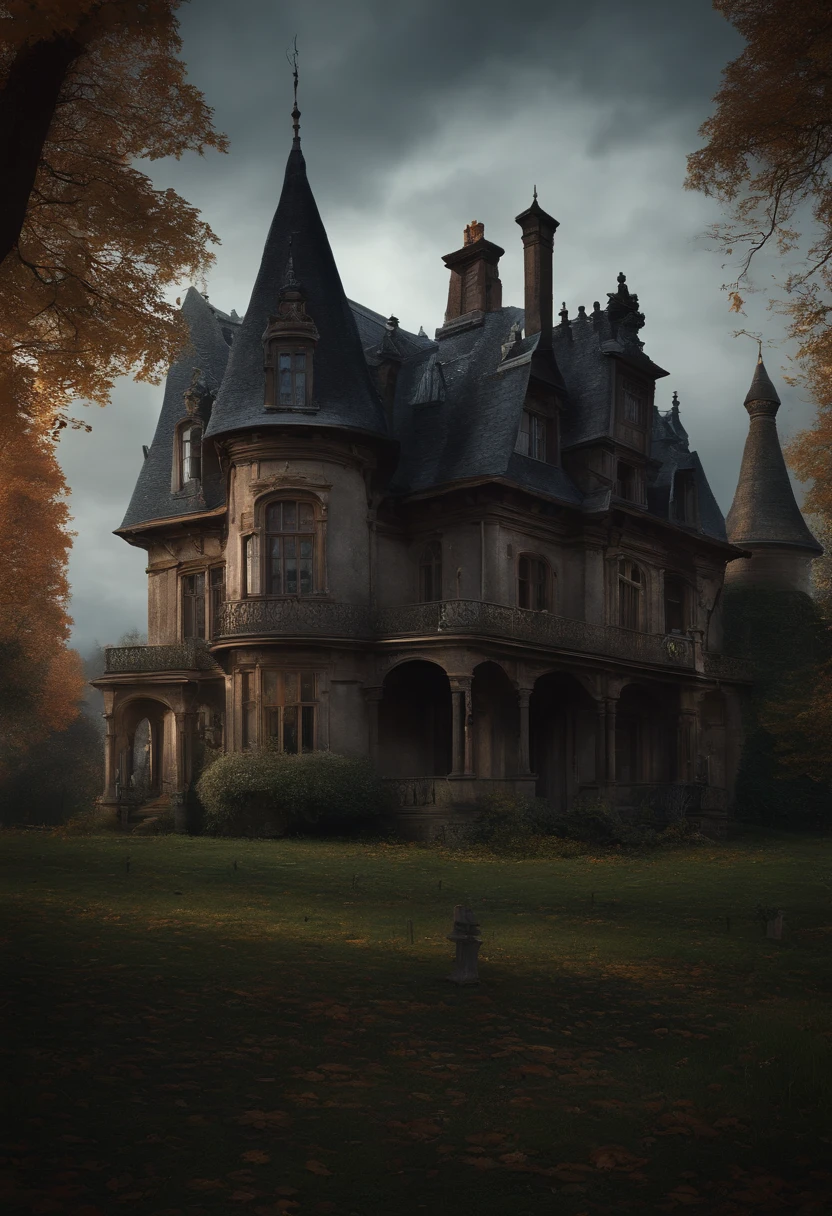 Arafed House with a Scary Roof and Scary Cemetery, manoir effrayant, Manoir gothique, Haunted Gothic Hotel, background artwork, inspired by Andreas Rocha, Ultra-detailed haunted house, Haunted house, Strange very detailed, Haunted House on the Theme, Manoir victorien, Maison victorienne, stefan koidl inspired, par Tomasz Jedruszek