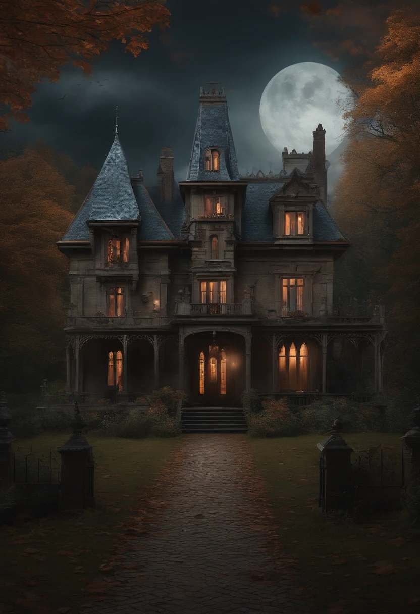 Arafed House with a Scary Roof and Scary Cemetery, manoir effrayant, Manoir gothique, Haunted Gothic Hotel, background artwork, inspired by Andreas Rocha, Ultra-detailed haunted house, Haunted house, Strange very detailed, Haunted House on the Theme, Manoir victorien, Maison victorienne, stefan koidl inspired, par Tomasz Jedruszek