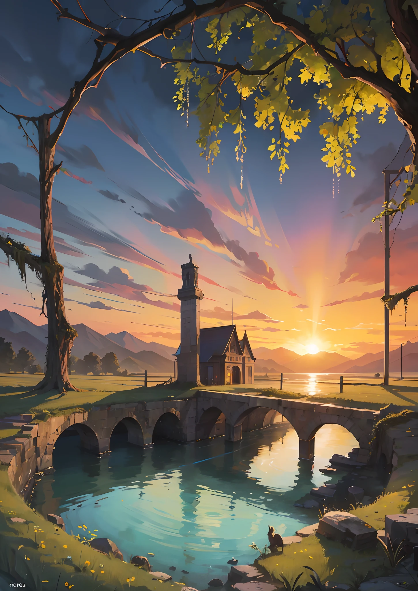 A simple and beautiful landscape painting, based on "dead vines, old trees, faint crows, small bridges and flowing water", the picture shows the ancient road and thin horse in the distance, the sunset is west, gradually disappearing between the mountains and forests, making people feel a feeling of a broken intestine in the end of the world. The picture is rich in details, the image is full of color, the overall atmosphere is poignant and far-reaching, and the poetry and painting reflect each other, full of literary artistic conception.