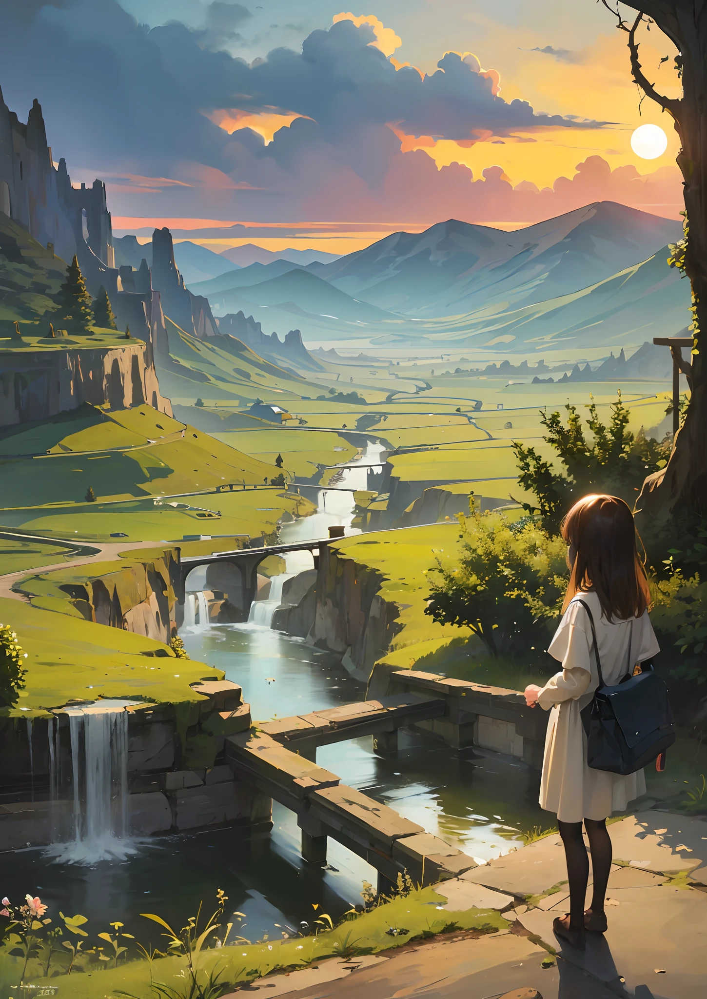 A simple and beautiful landscape painting, based on "dead vines, old trees, faint crows, small bridges and flowing water", the picture shows the ancient road and thin horse in the distance, the sunset is west, gradually disappearing between the mountains and forests, making people feel a feeling of a broken intestine in the end of the world. The picture is rich in details, the image is full of color, the overall atmosphere is poignant and far-reaching, and the poetry and painting reflect each other, full of literary artistic conception.