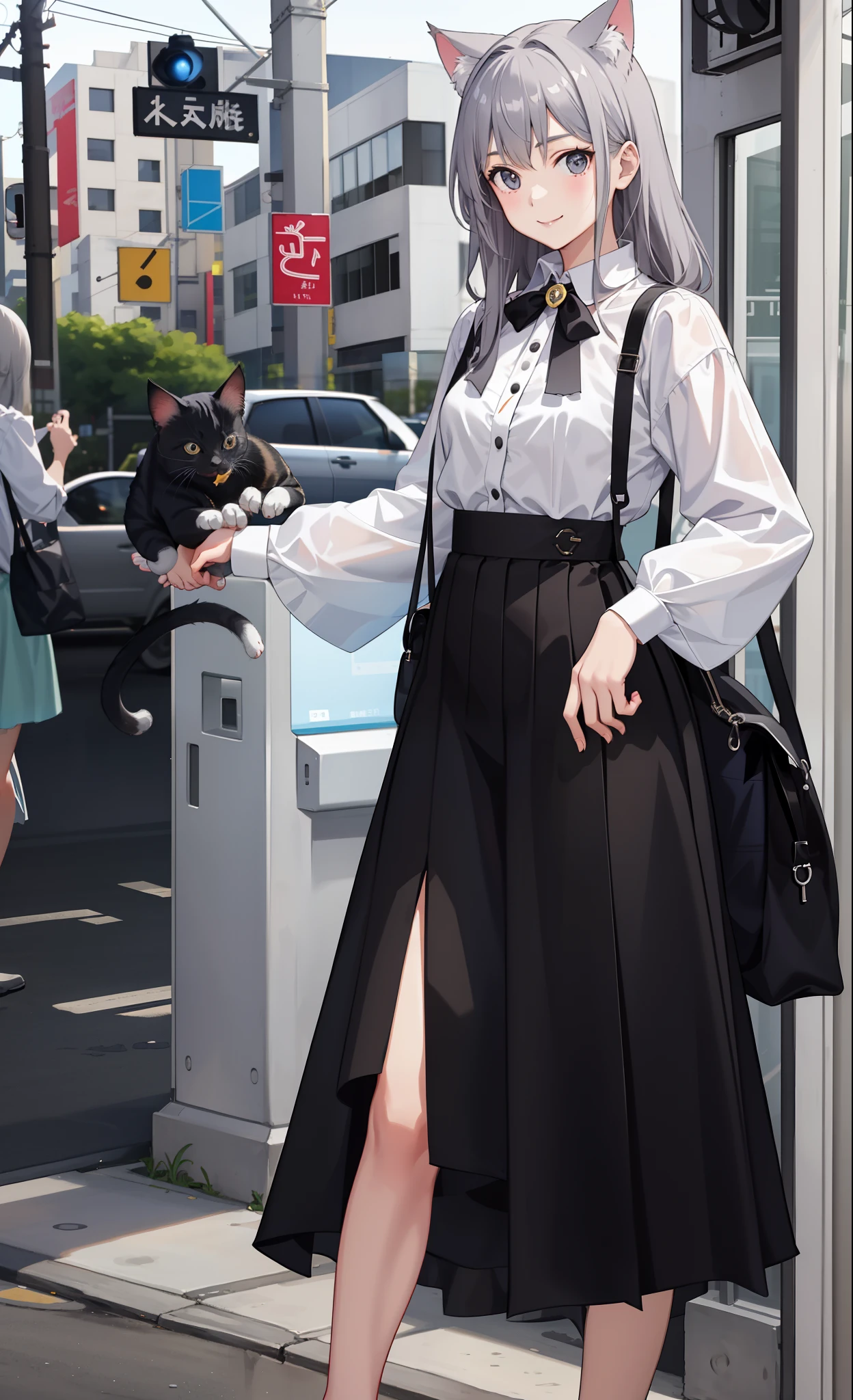 1girl in、A smile、The shirt、Blouse、skirt by the、(small tits)Chilarism、movement、(Gray hair)、Cat's ears、