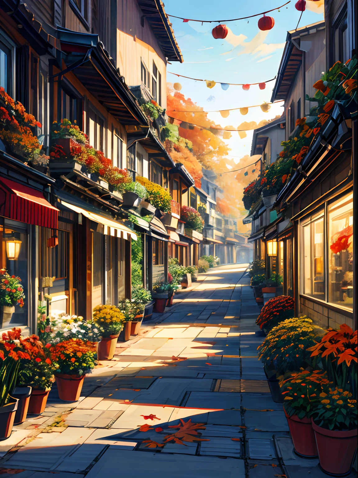 Countryside Street, Potted plants, flower,Oriental design, Autumn ,Harvest Festival,Autumn Leaves Digital Painting, wind,Concept art, Illustration, Convoluted, Many people, Lamp Post Light, Happy, Daytime in autumn, flower, Plants ((Tileset))