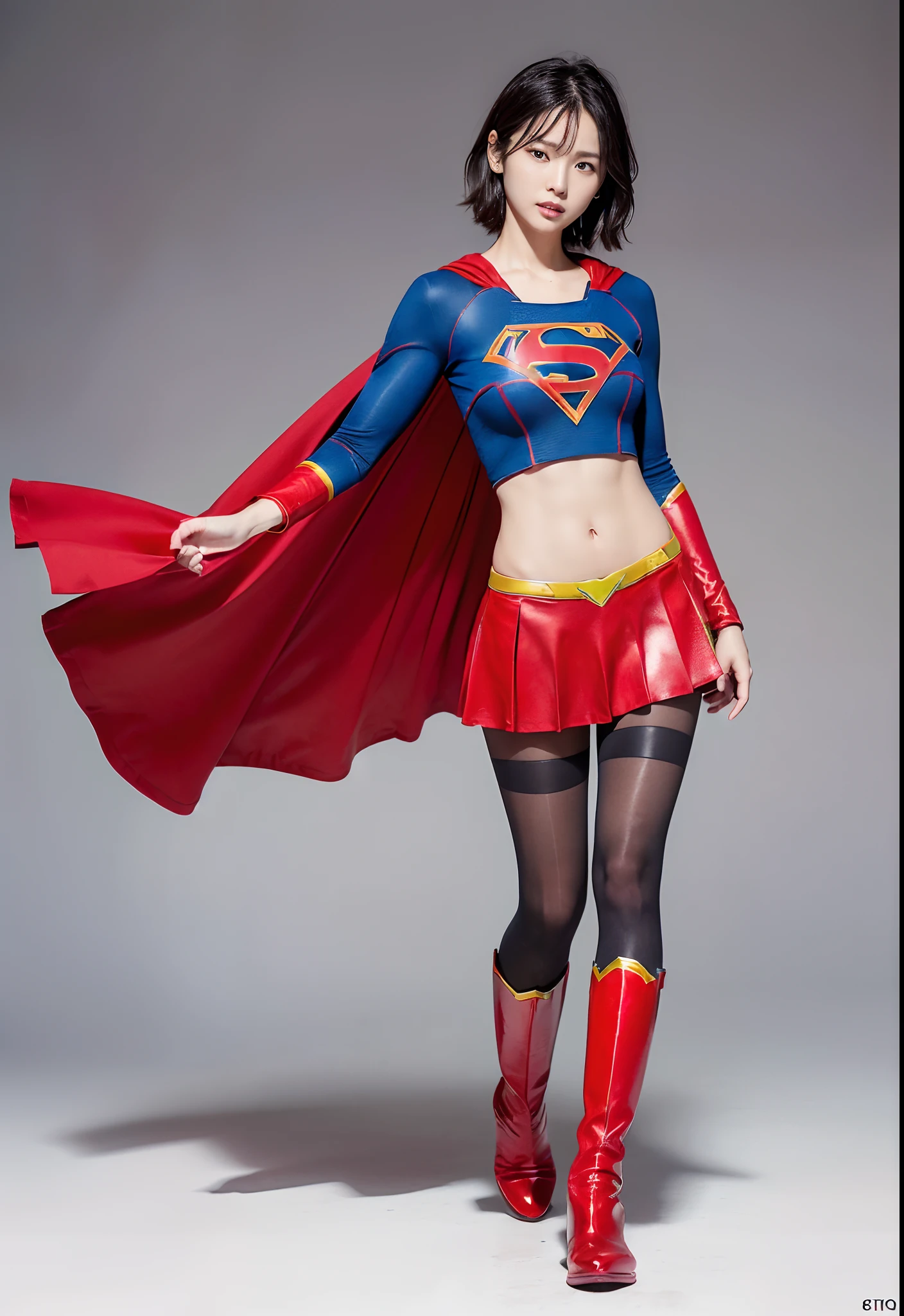 japanes、Cute Beautiful Girl、(((Wear black tights on your beautiful legs.)))、(((beauty legs)))、(((Painful look)))、((((Make the most of the original image)))、(((Supergirl Costume)))、(((Beautiful short hair、The hair)))、(((Injured)))、(((Feet must necessarily be worn with black tights)))、(((You need to wear red boots)))、((Top image quality、8K))、((top-quality、8K、​masterpiece:1.3))、(((Keep your background simple)))、Crisp focus:1.2、Beautiful woman with perfect body shape:1.4、Slender Abs:1.2、a wet body:1.5、Highly detailed facial and skin texture、8K、Keep your background simple