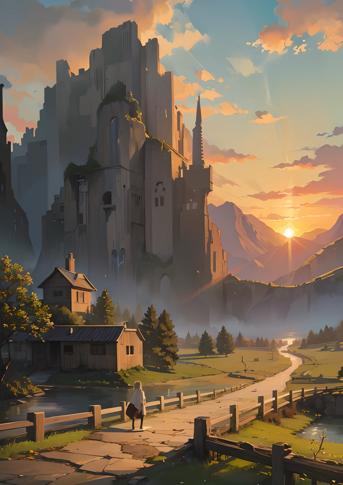 A simple and beautiful landscape painting, based on "dead vines, old trees, faint crows, small bridges and flowing water", the picture shows the ancient road and thin horse in the distance, the sunset is west, gradually disappearing between the mountains and forests, making people feel a feeling of a broken intestine in the end of the world. The picture is rich in details, the image is full of color, the overall atmosphere is poignant and far-reaching, and the poetry and painting reflect each other, full of literary artistic conception.