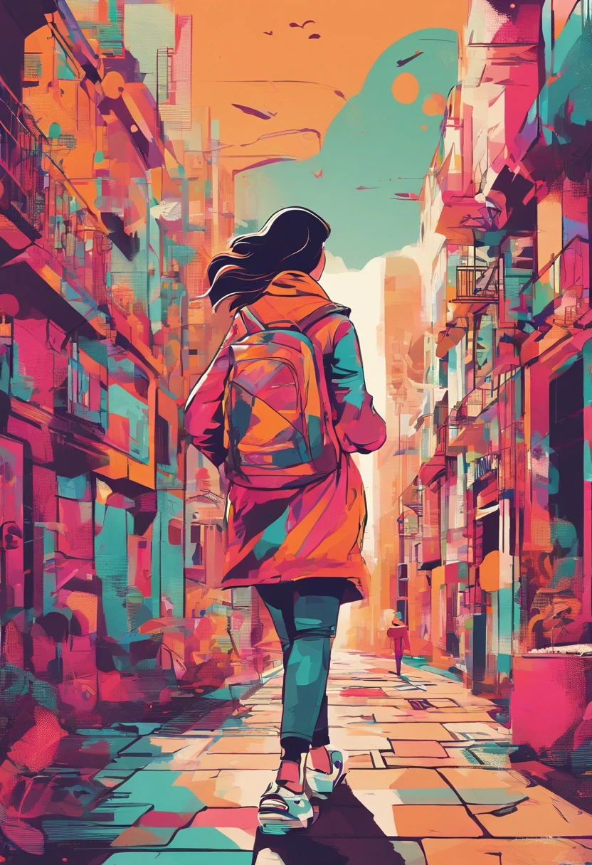 Illustration of a woman walking through a city with various objects, Pastelcolor editorial illustration, No estilo de James Gilleard, illustration style, arte de james gilleard, flat illustration, in illustration style digital, magazine illustrations, editorial illustration, digital illustration -, #illustration, magazine illustration, inspirado em James Gilleard, modern illustration, illustration | Rutkowski, stylized digital illustration