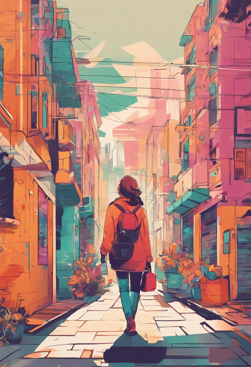 Illustration of a woman walking through a city with various objects, Pastelcolor editorial illustration, No estilo de James Gilleard, illustration style, arte de james gilleard, flat illustration, in illustration style digital, magazine illustrations, editorial illustration, digital illustration -, #illustration, magazine illustration, inspirado em James Gilleard, modern illustration, illustration | Rutkowski, stylized digital illustration