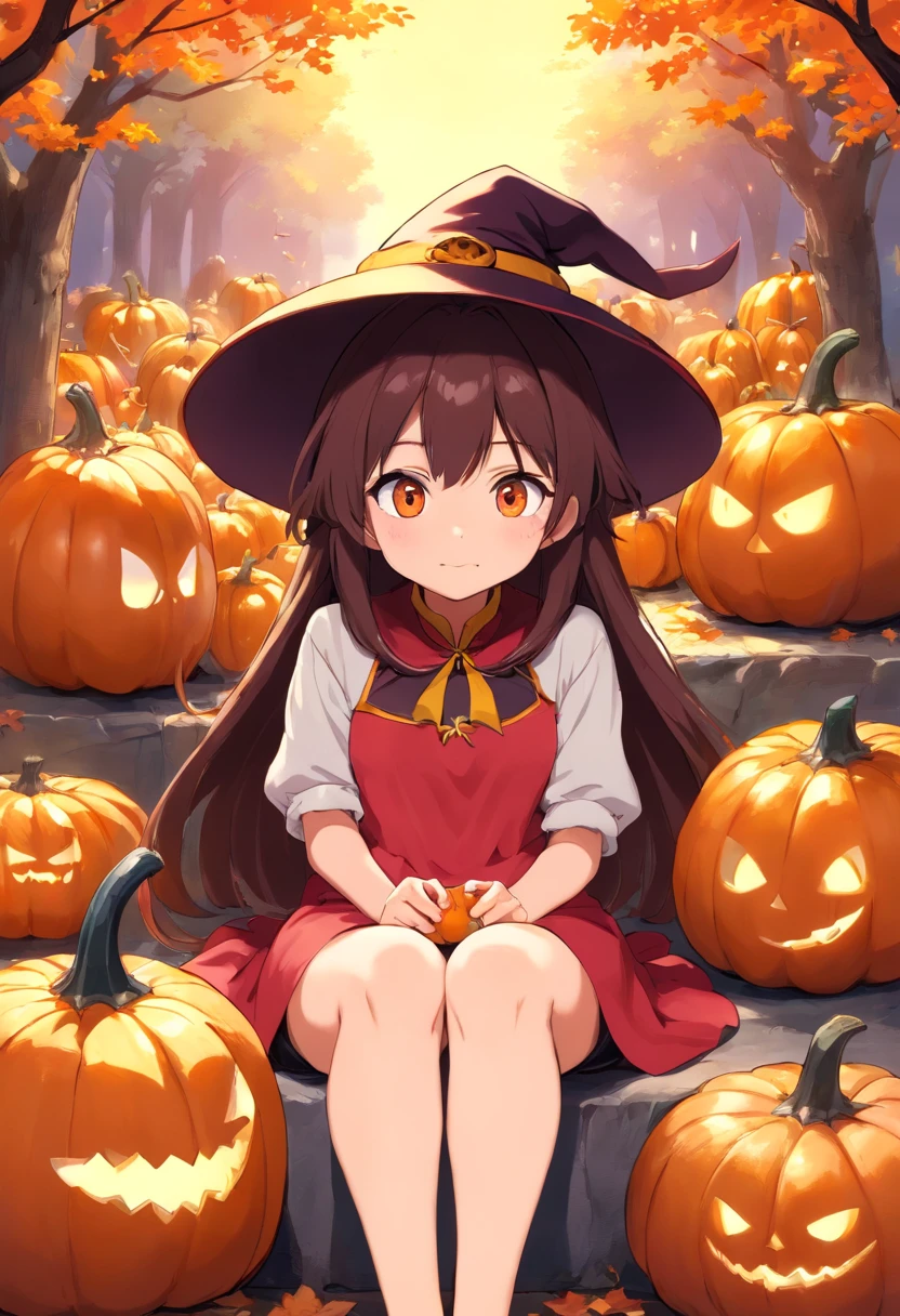 Nice in Chevi,1girll,Sit on 1 strange pumpkin,Full body view,Horrible pumpkin bottom,Dress up as a witch,Big witch's hat,upper legs_highr,Mini_a skirt,Grand_glute,Strangely,Ghosts, Halloween, immensity_breastsout,cleavage cutout,Be red in the face,ahegao_the face,brunette color hair,greene eyes,Pupa_pupils,Long_haar,Small size,high detal,