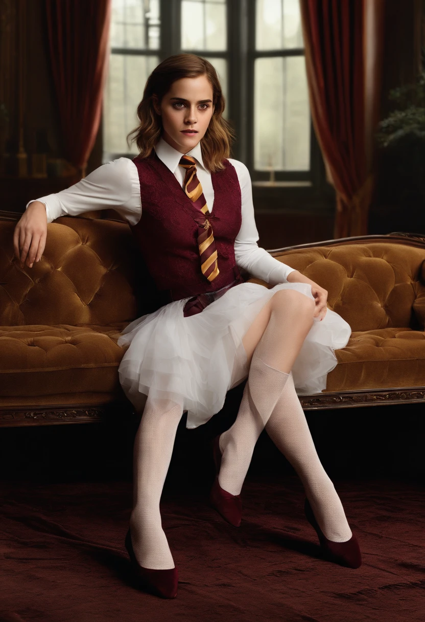 (Photo realistic) (ray tracing) (4k) (ultra detailed) (ultra detailed face and hands) Emma Watson (sprawled on couch with one leg raised)(wearing white unbuttoned button up top)(maroon and gold neck tie) (maroon and gold striped stockings) (white lacy panties under the skirt )