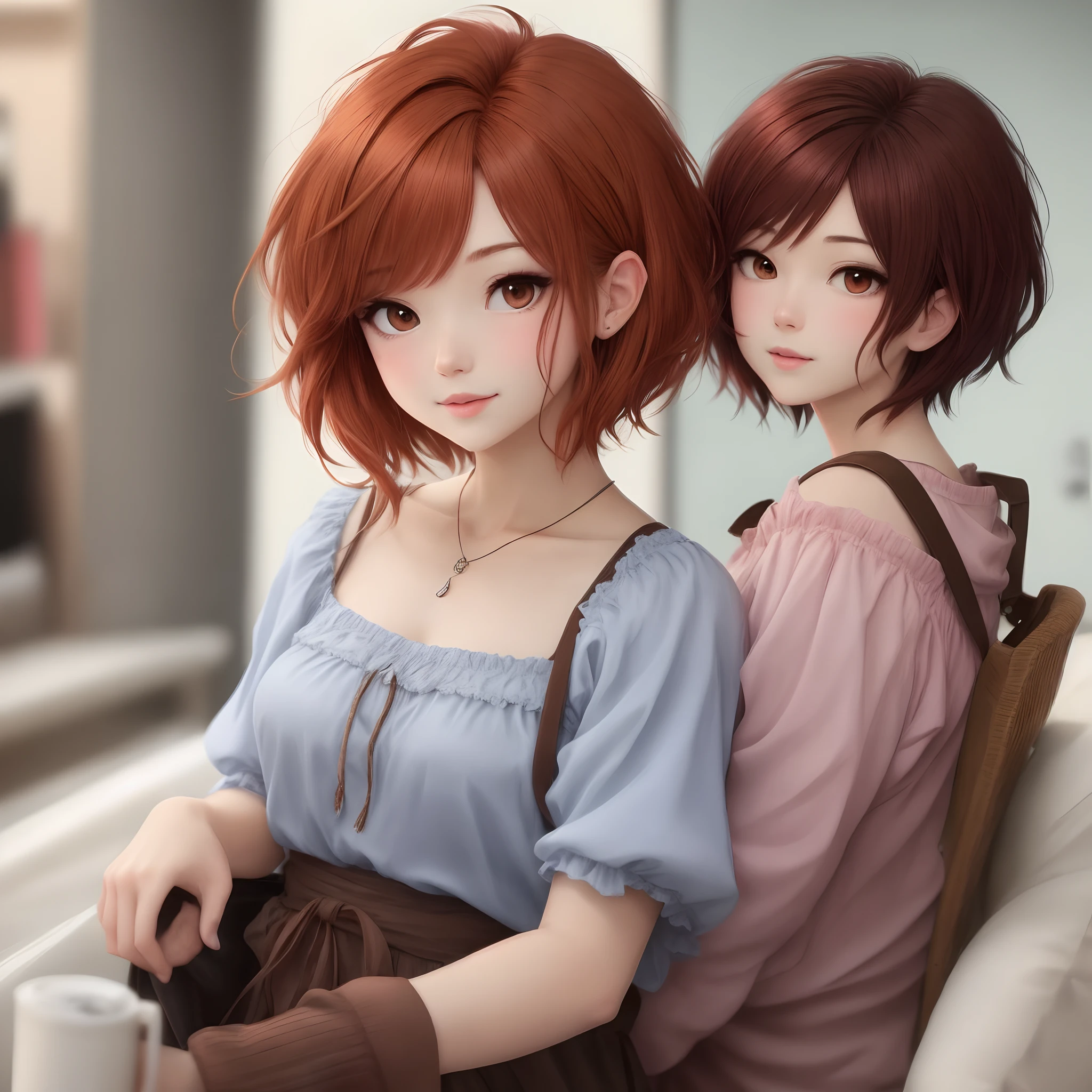 Pixie cut hair style, brown reddish hair. Anime pfp