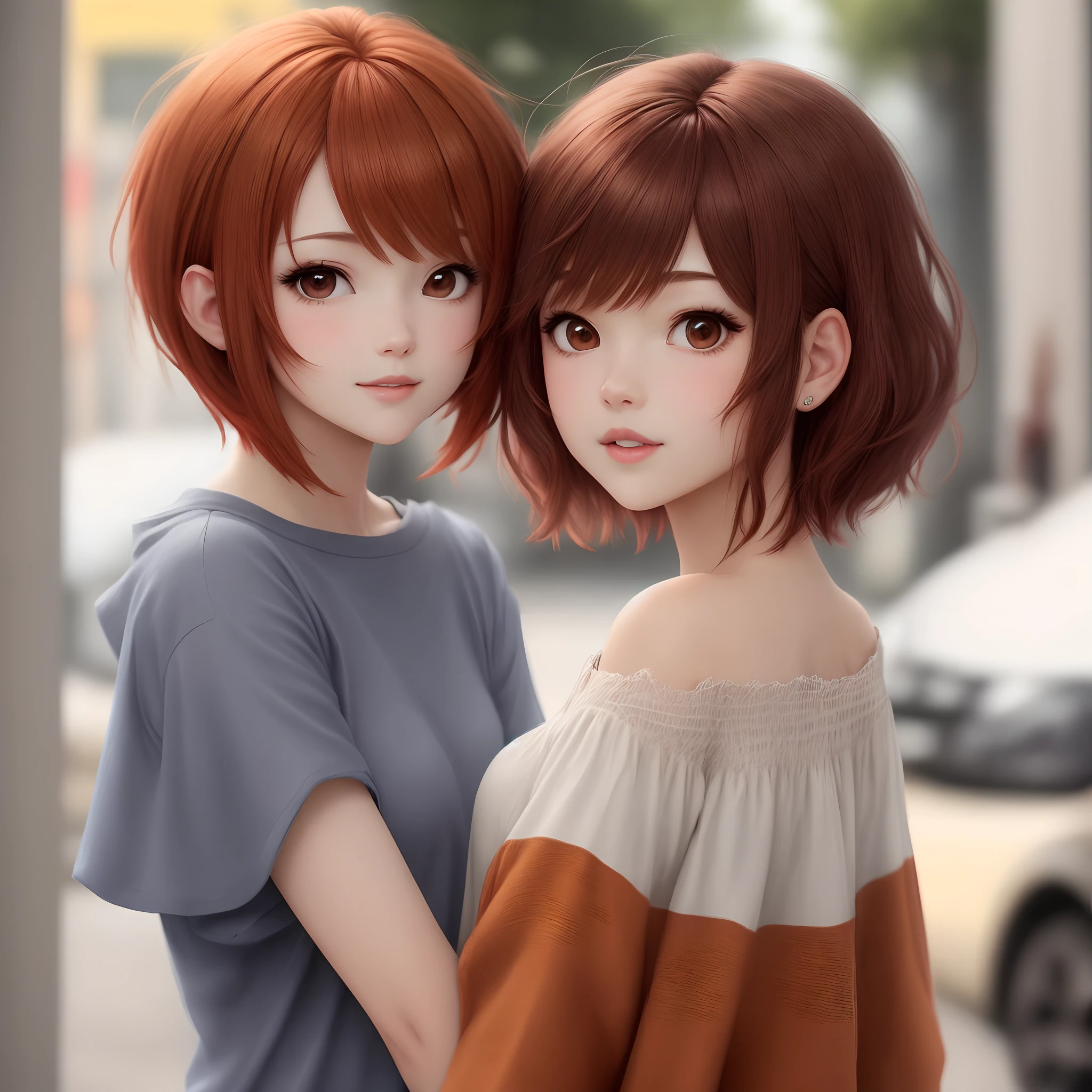 Pixie cut hair style, brown reddish hair. Anime pfp