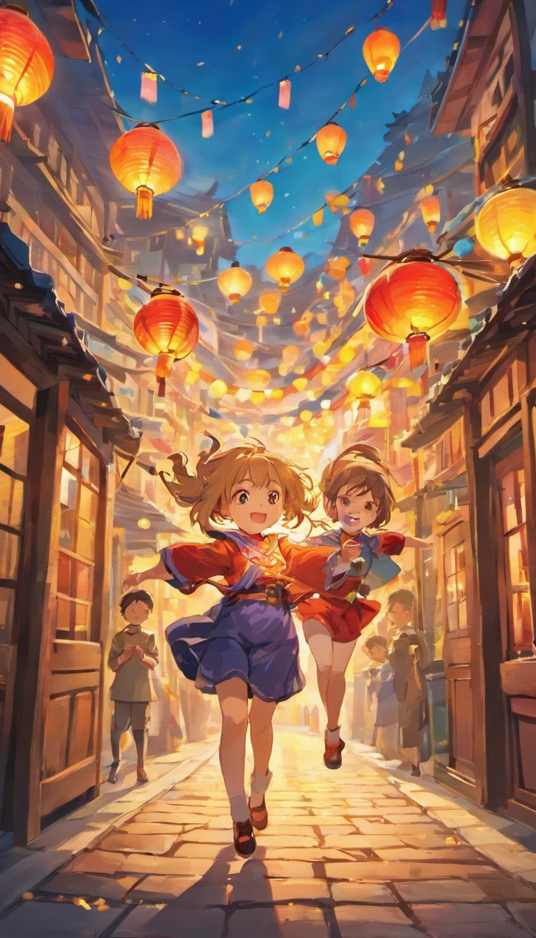 children playing in a vibrant village, colorful lanterns swaying in the breeze, joyful celebration, ethnic charm, (best quality, highres, ultra-detailed), warm and vivid colors, (portrait, landscape) style, soft and enchanting lighting