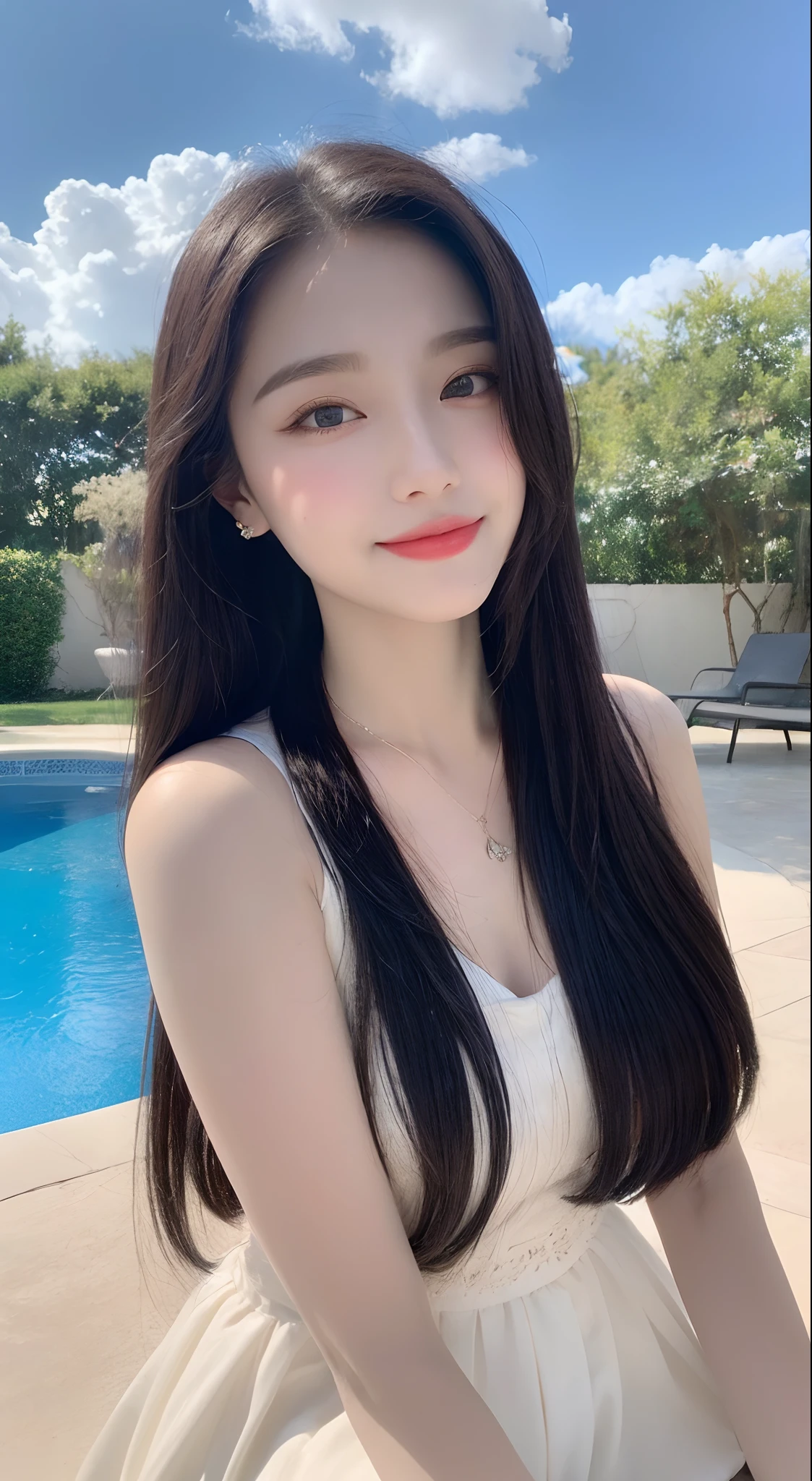 (best qualtiy, 8K, tmasterpiece:1.3)), A pretty maiden,Pure,Melon seed face,gentle and cute,A sweet smile,Pure desire,Thin stature,(frontage),(Tilt your head),staring right into camera,uniform, Obi, formal,Black silky long, Straight hair,Long hair flowing over the shoulders,round black big eyes,Clear big eyes,Hydrated red lips,Sweet,Beautiful necklace,Delicate stud earrings,Sit by the pool,with blue sky and white clouds,Blue skies,