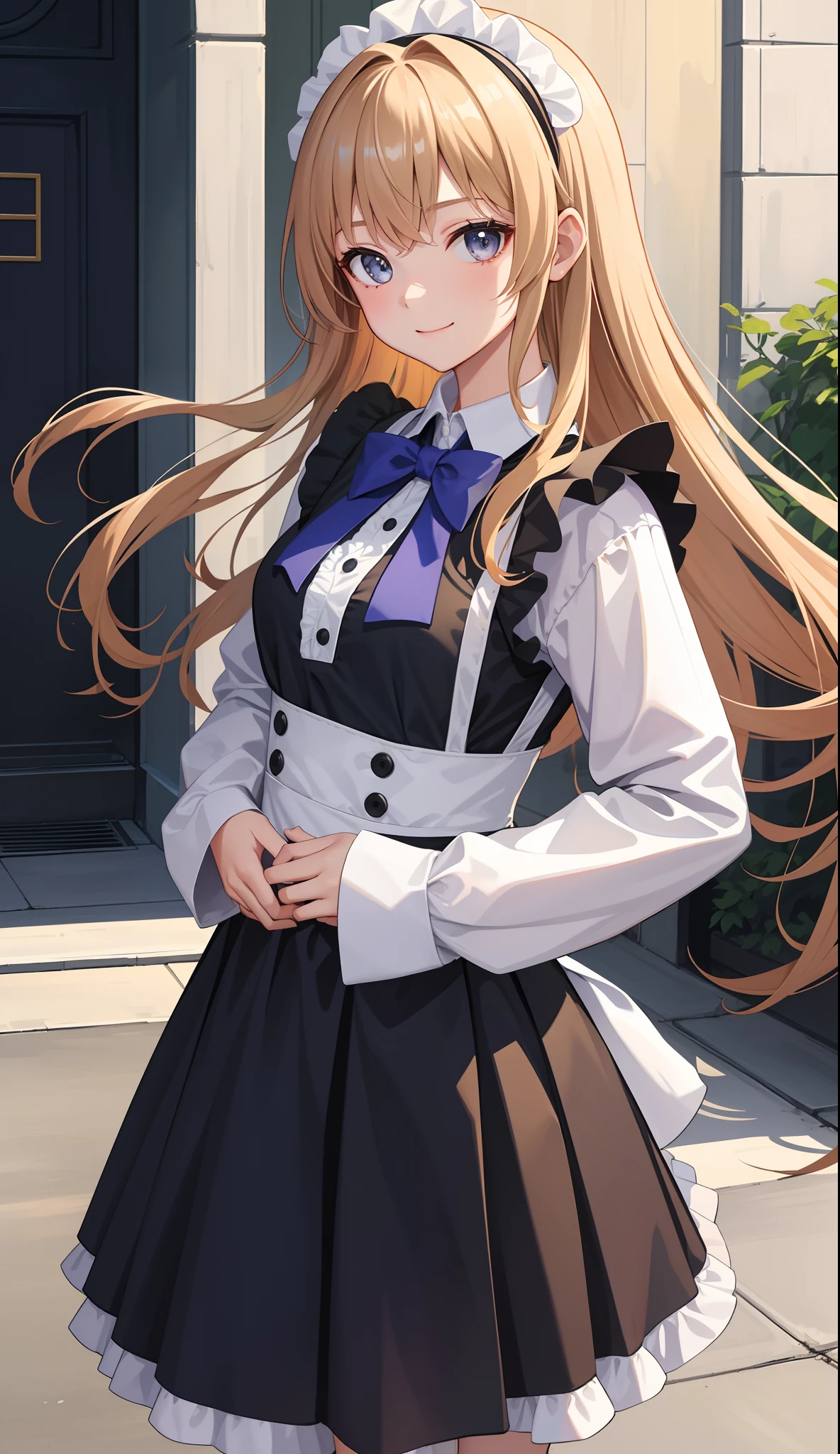 1girl in、AS-Adult、A smile、The shirt、skirt by the、(small tits)、doress、pinafore、Hair decoration、(Maid costume)、Walking with a thigh、Upper body portrait、movement、