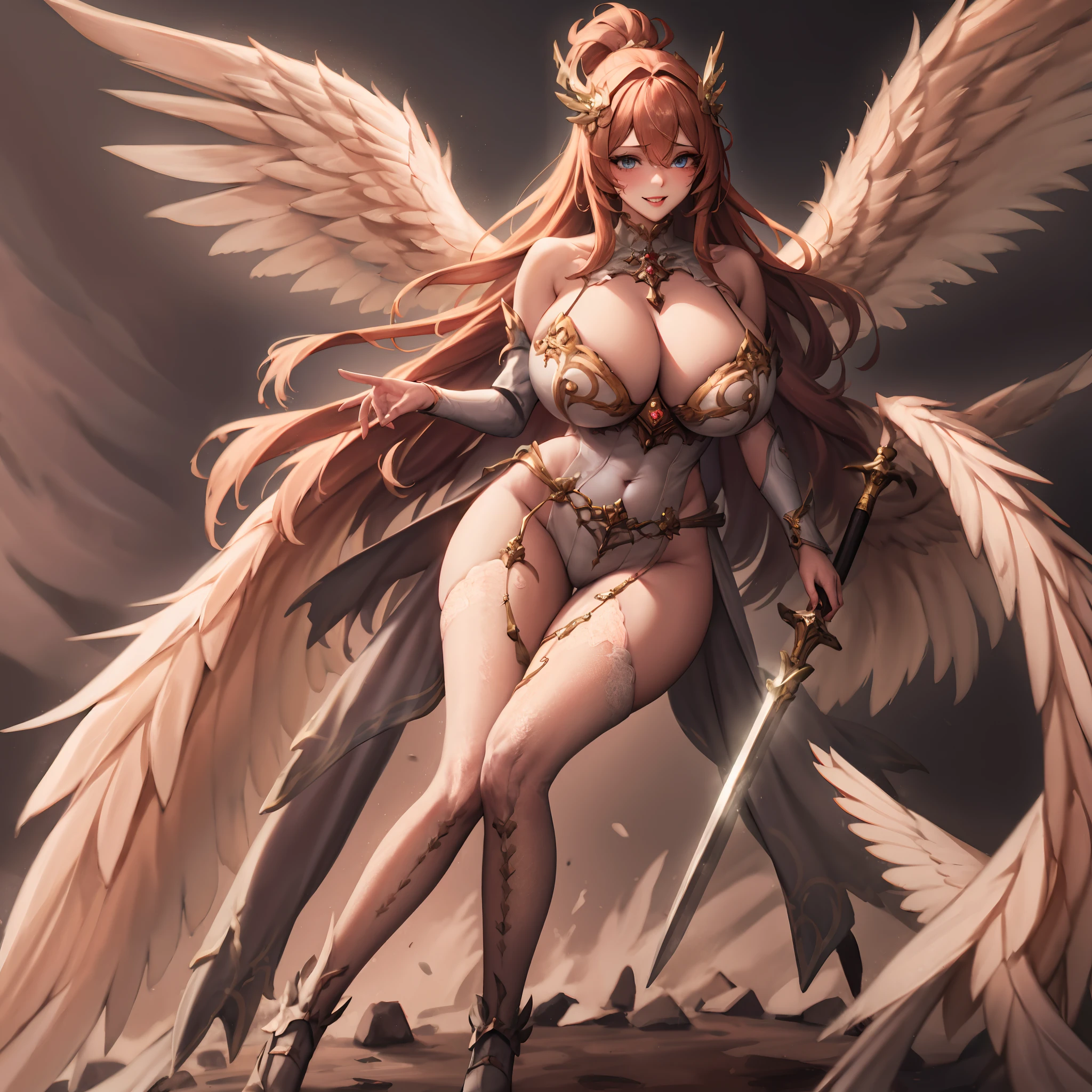 Quality over 8K, a female angel,Sexy,Long Blonde Hair,Anime,Goddess,Symmetrical blue eyes,Ultra detailed eyes,Transparent lingerie,forest,Sword,golden wings,Full body,hyperdetailed lips, hyperdetailed face, Double eyelids, Ultra Detailed feet,で,Beautiful legs,Tight boots,Full Leg Priestess、valkyrie、Angel wings、a navel、sideboob barbosa、with an intricate、Particles of light、thighs thighs thighs thighs、shinny skin、Perfect litthing、1girl in、looking at the viewers、Winged headgear、pelvis curtain、A smile、(masterpiece)、(top-quality)、Very gigantic-breasts、maternal、Porcelain Skin、honey blonde hair、Very long hair、hair wavy(valkyrie,Paladin:0.6),Angel wings,with an intricate, Perfect Lighting, Looking at Viewer,(masutepiece), (Best Quality)(valkyrie,Paladin:0.6),Angel wings,with an intricate, Perfect Lighting, Looking at Viewer,(masutepiece), (Best Quality)(ValkyrieArmor:0.5),(Winged headgear:1.1),School Girl,,with an intricate, Perfect Lighting, 1girl in, Ponytail, Looking at Viewer, Smile, snulight,creek,blazing(masutepiece), (Best Quality),thighs thighs thighs thighs 、a beauty girl,red color mecha,As graceful as a swan,Enchanting,Long grey hair,Red body,Fluorescence line,White hands,lab room,FutureTech,Red indicator light on the body,Full body photo,standing on your feet,dreamy scene,,dyna,super detailing,Cell shade,8K detail post-processing,magnifica,hyperphotorealism,8K,epic composition,intricate-detail,unrealengine,Flying,Laser Cannon,Holy Angel Mecha,Mechanical exoskeleton,whaite hair,golden pupils,flower sea,Eventide,Angel Maiden,Angel wings,White long skirt,war,Top quality combat stance, 4K, masutepiece :1.3), short petite pretty woman, Blue-haired、Curly hair、length hair、Colossal tits、 Ultra-detailed face、maid clothes、Detailed eyes, sluttish, Pose Seductive, Smooth skin, (huge-breasted), Round breasts、red blush。kawaii、Shy、1 Crying face、nightcity、Sateen、Kimono without sleeves、A dark-haired、Holding a weapon with blood on it、Looking at the camera、Cherry blossoms are d